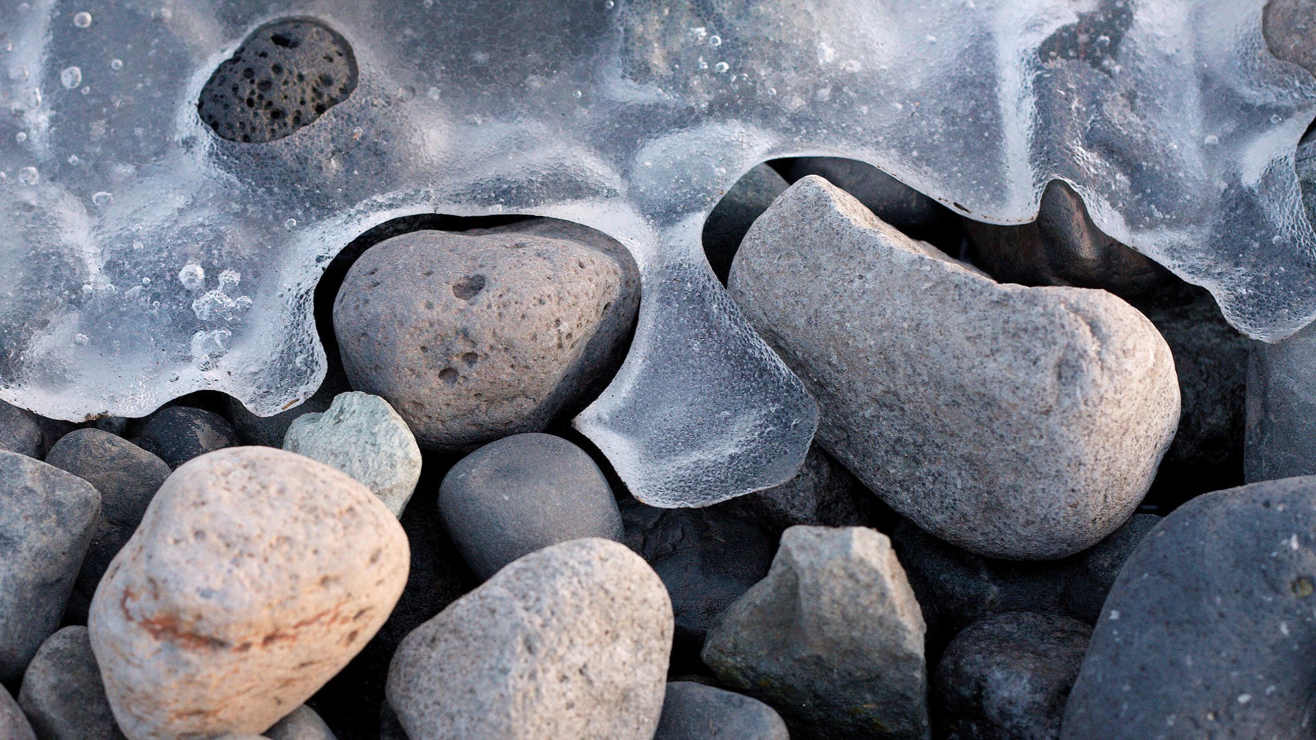Macro shot of ice and stones in winter HD Wallpaper