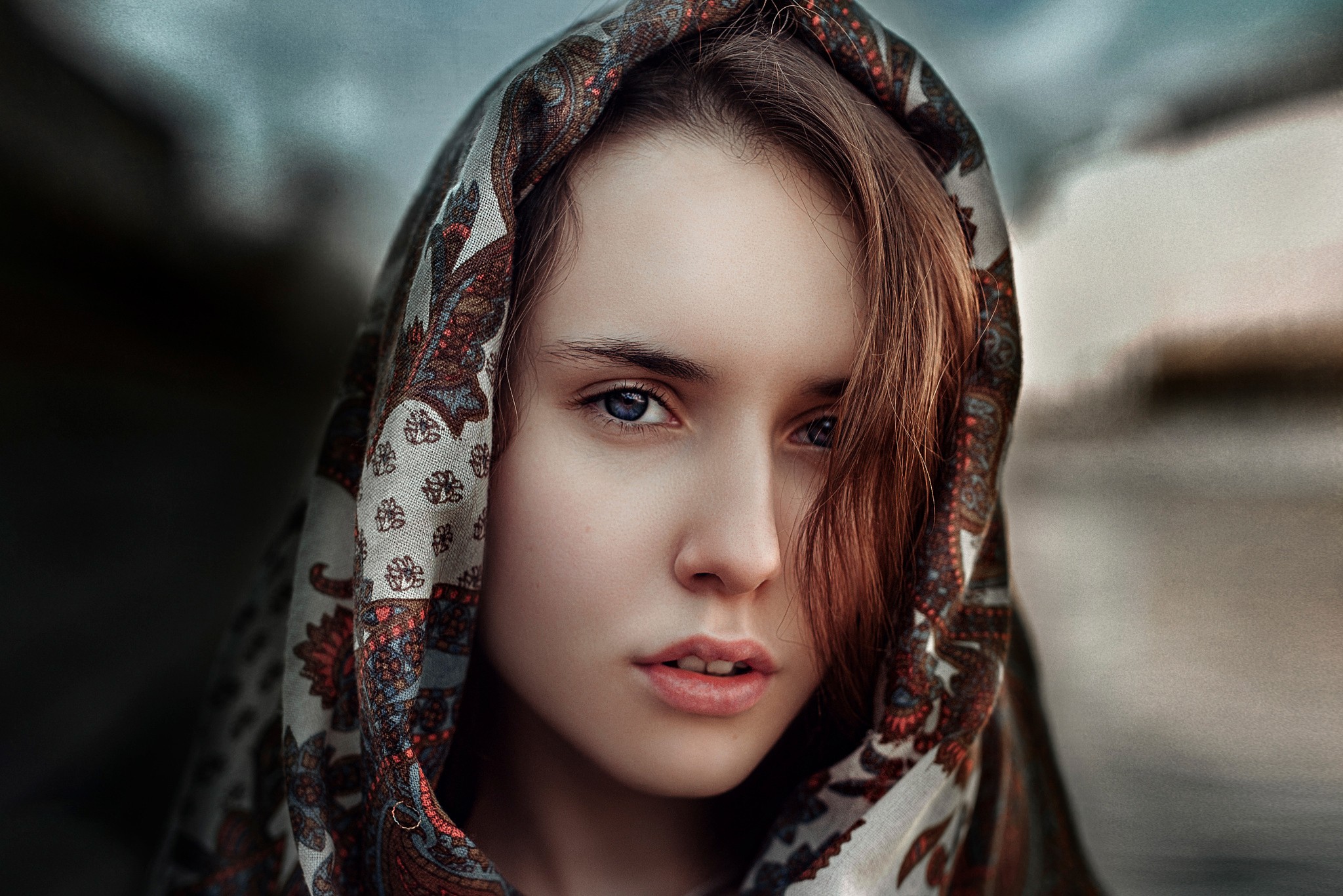 Woman wearing a patterned headscarf HD Wallpaper