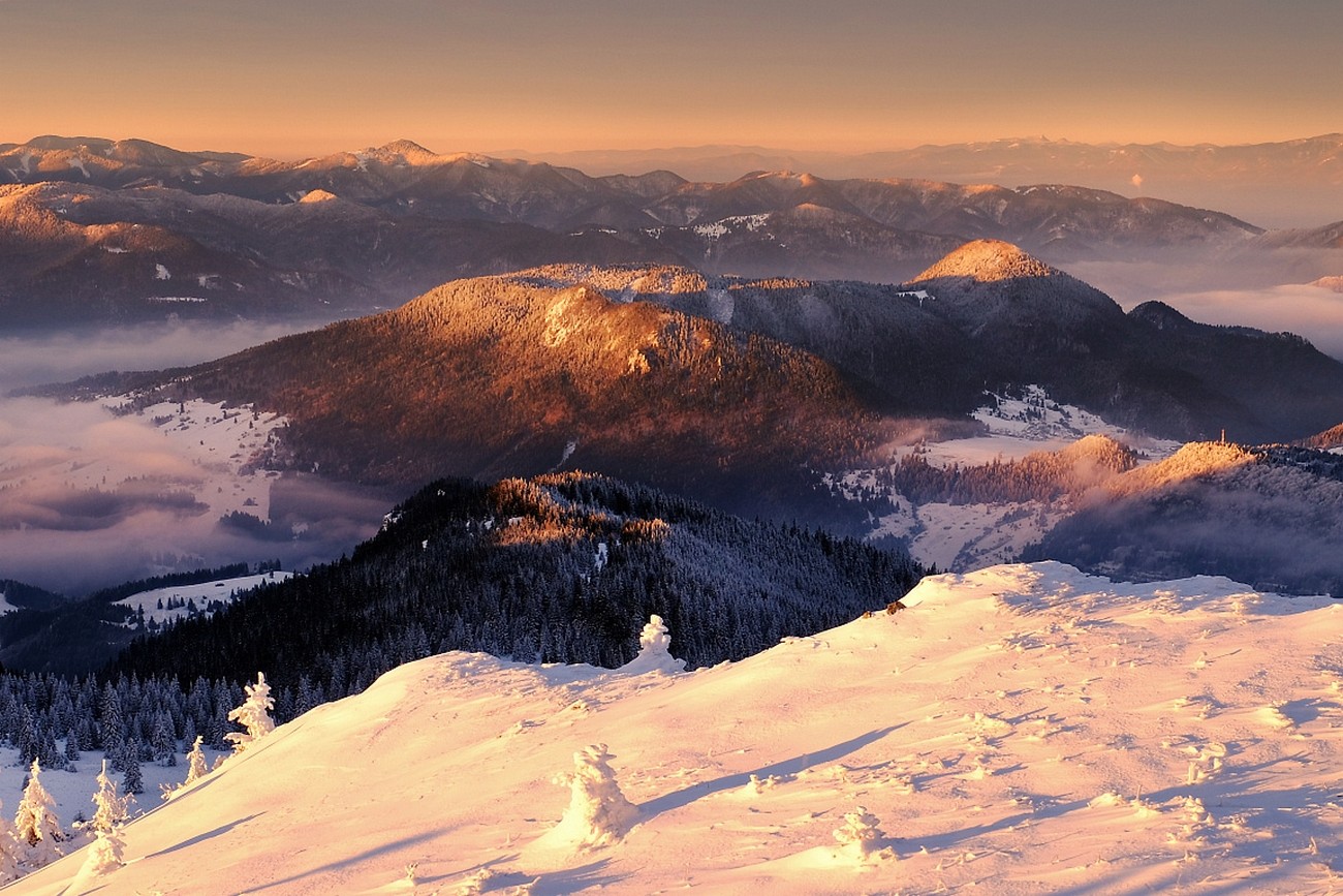 Snowy mountains bathed in golden sunlight with clouds below HD Wallpaper