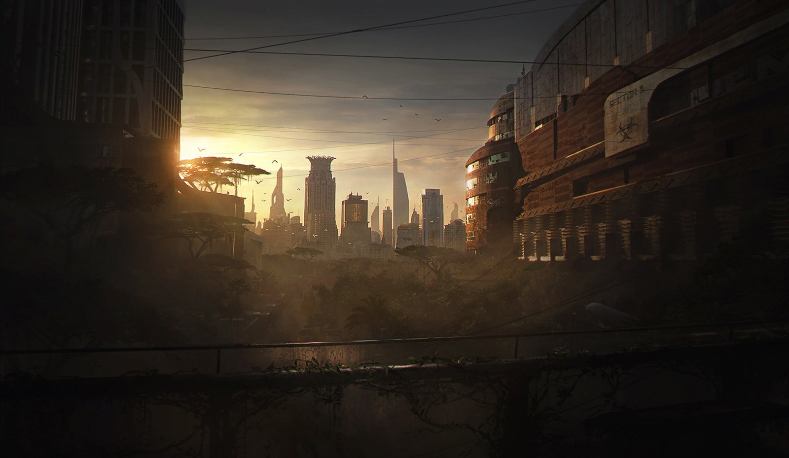 Apocalyptic cityscape at sunset with overgrown vegetation HD Wallpaper