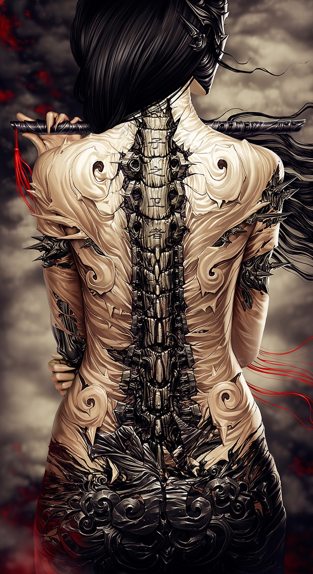 Fantasy art of a woman with a mechanical spine HD Wallpaper
