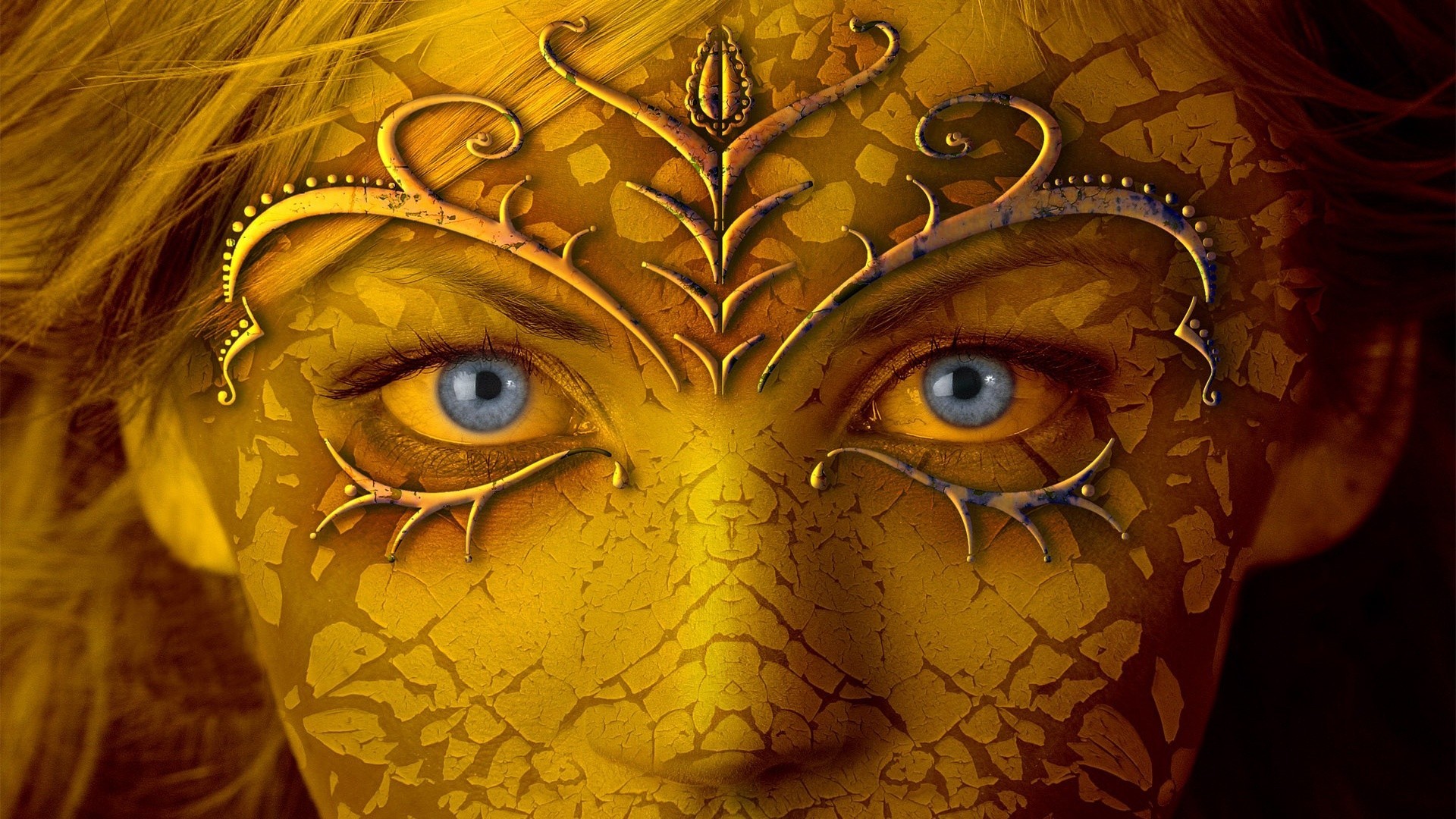 Woman with cracked golden face and blue eyes HD Wallpaper
