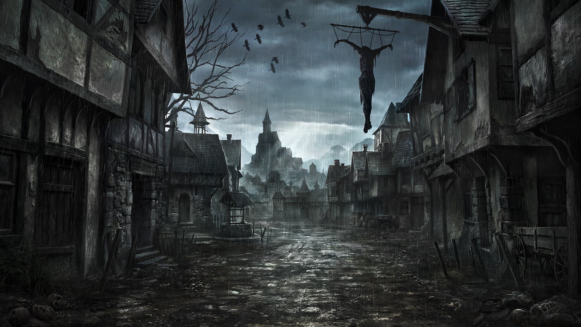 Fantasy village with a hanged figure in the rain HD Wallpaper