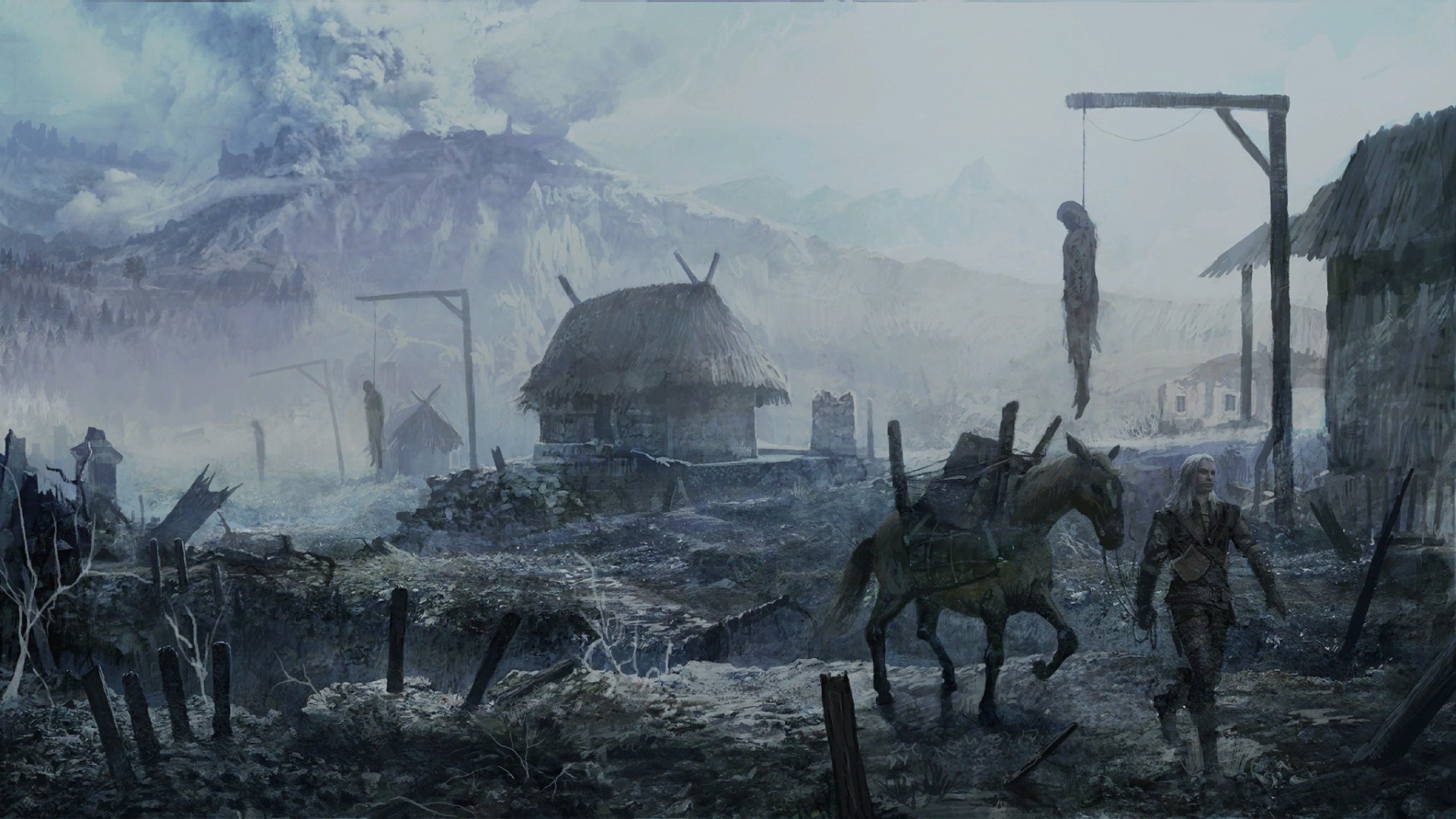 The Witcher: A desolate village with a hanged man and a volcano HD Wallpaper