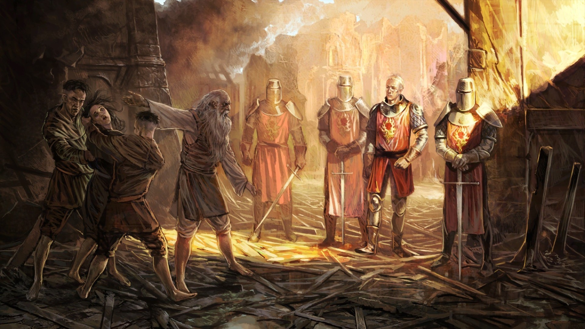 The Witcher Geralt and Knights in a Ruined City HD Wallpaper