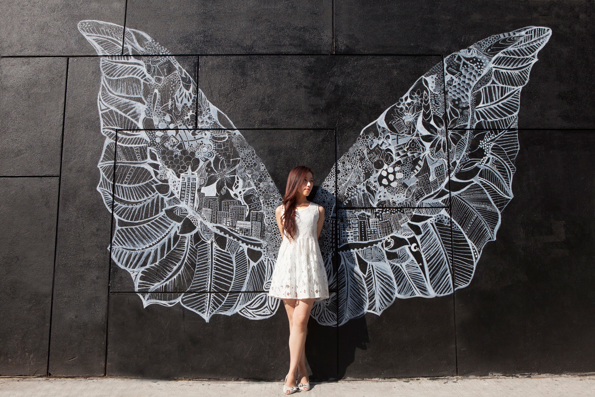 Woman in white dress with angel wings mural HD Wallpaper