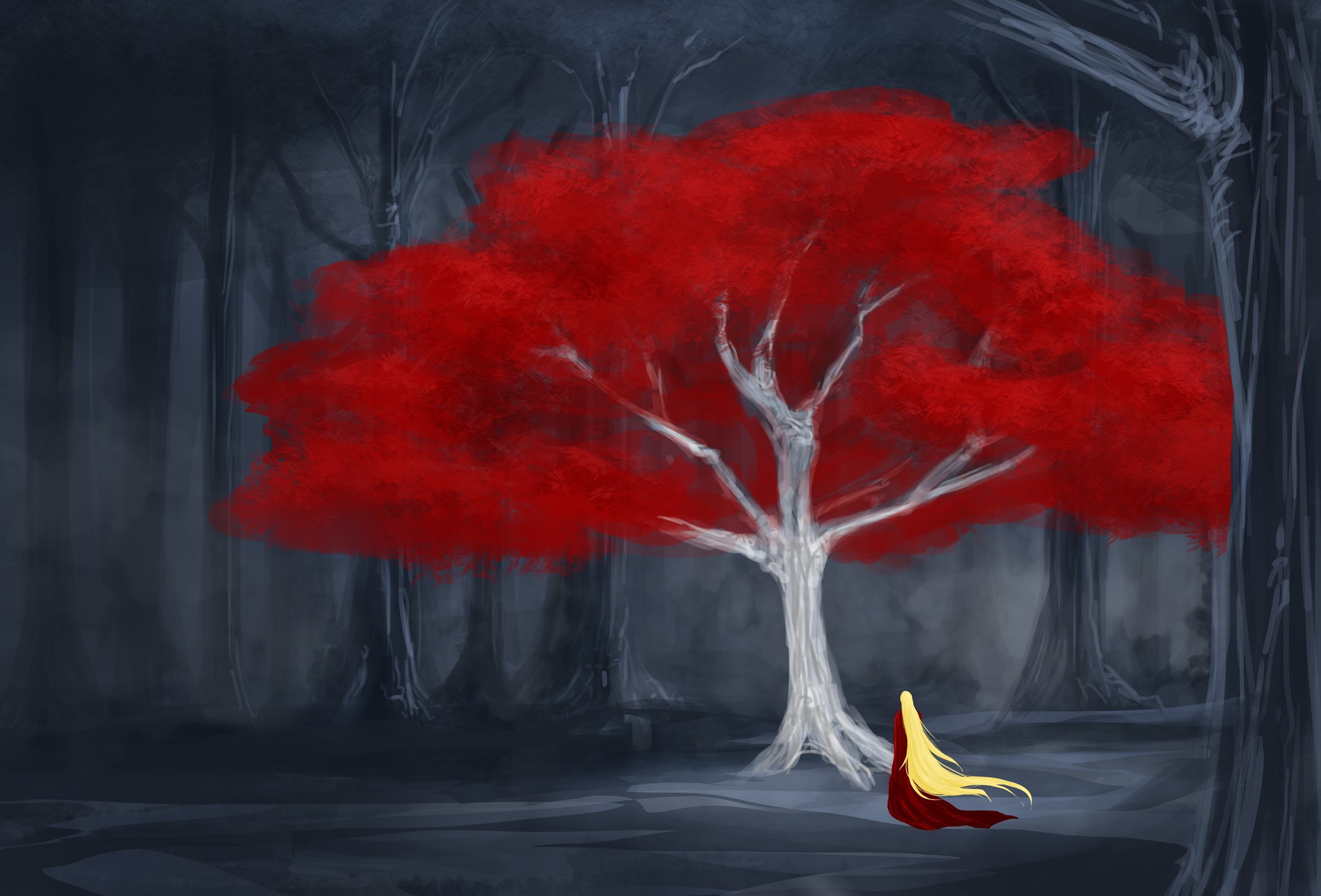 Fantasy art of a blonde person in a red cloak near a red tree HD Wallpaper