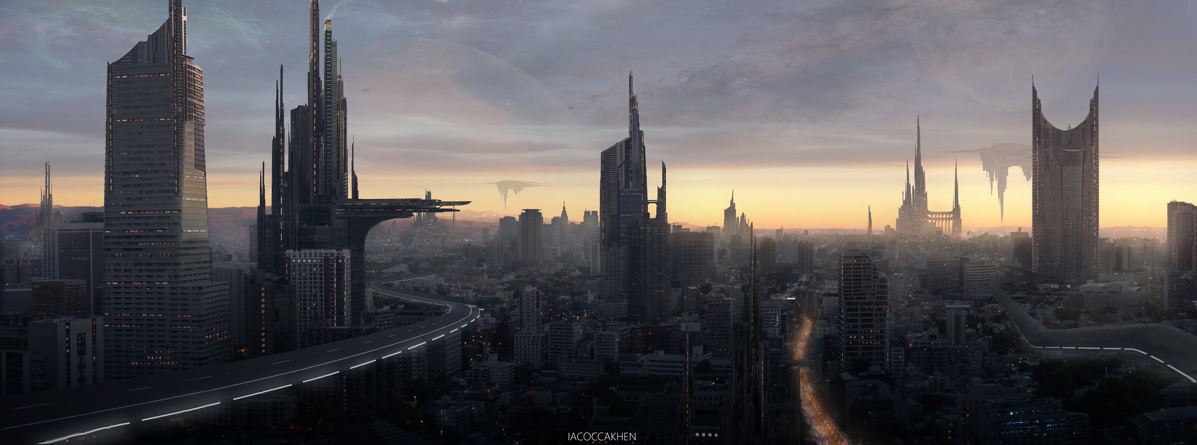 Futuristic city skyline at sunset with flying structures HD Wallpaper
