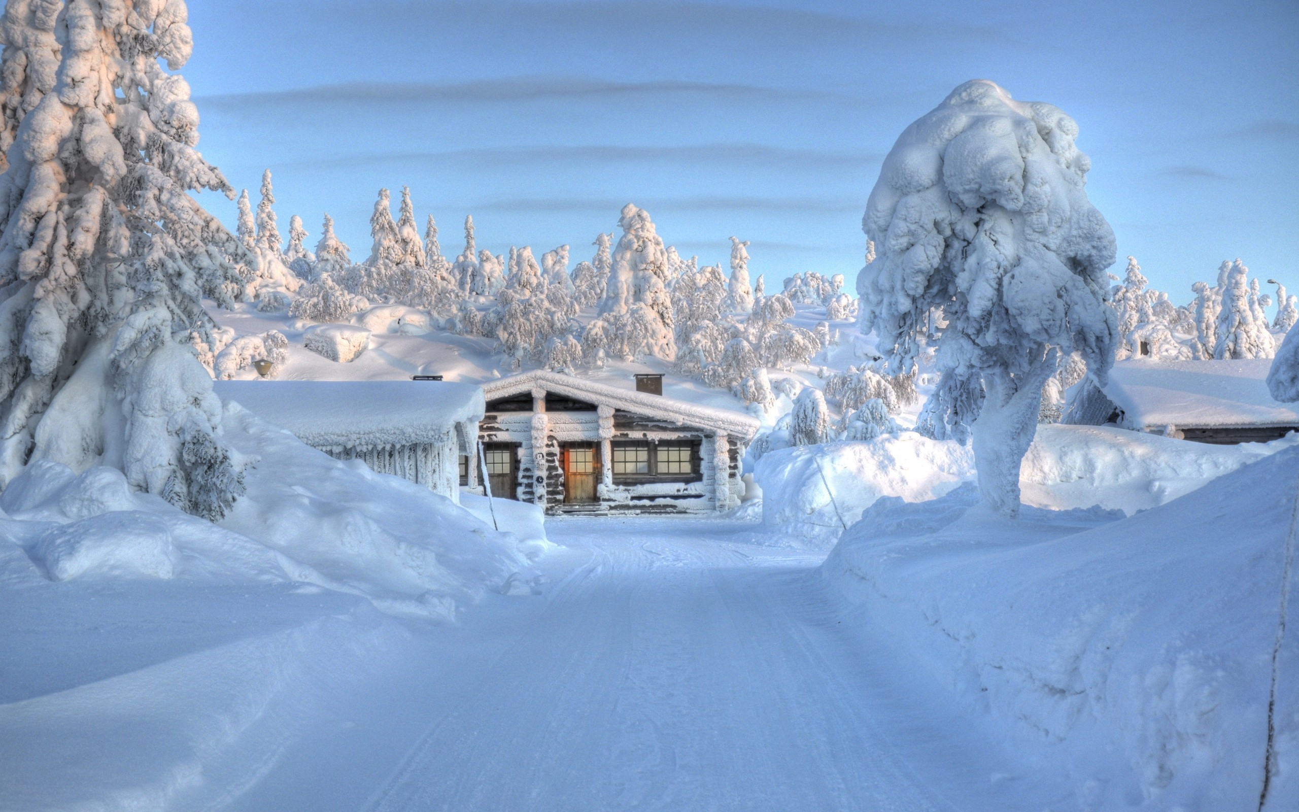 Snowy landscape with log cabin and trees HD Wallpaper