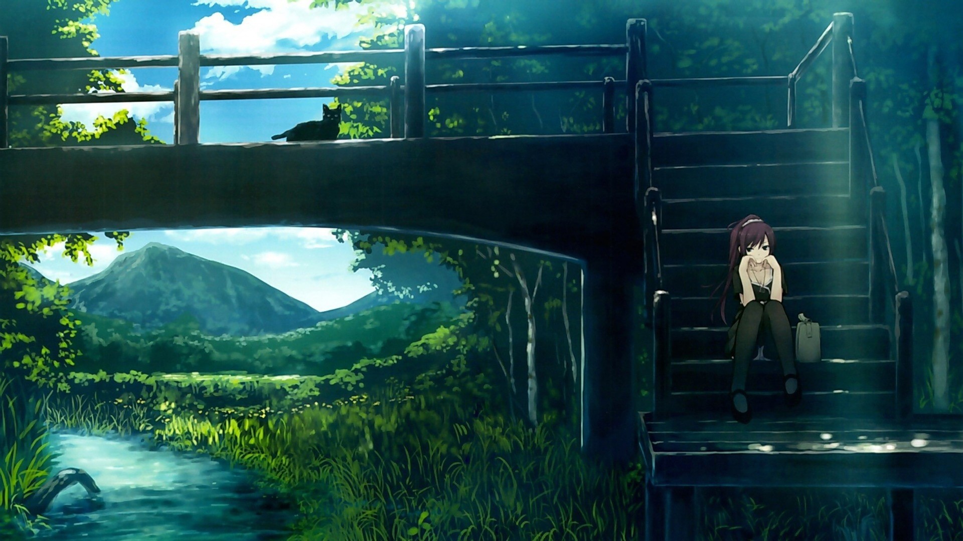 Anime girl and cat on a bridge overlooking a river and mountain HD Wallpaper