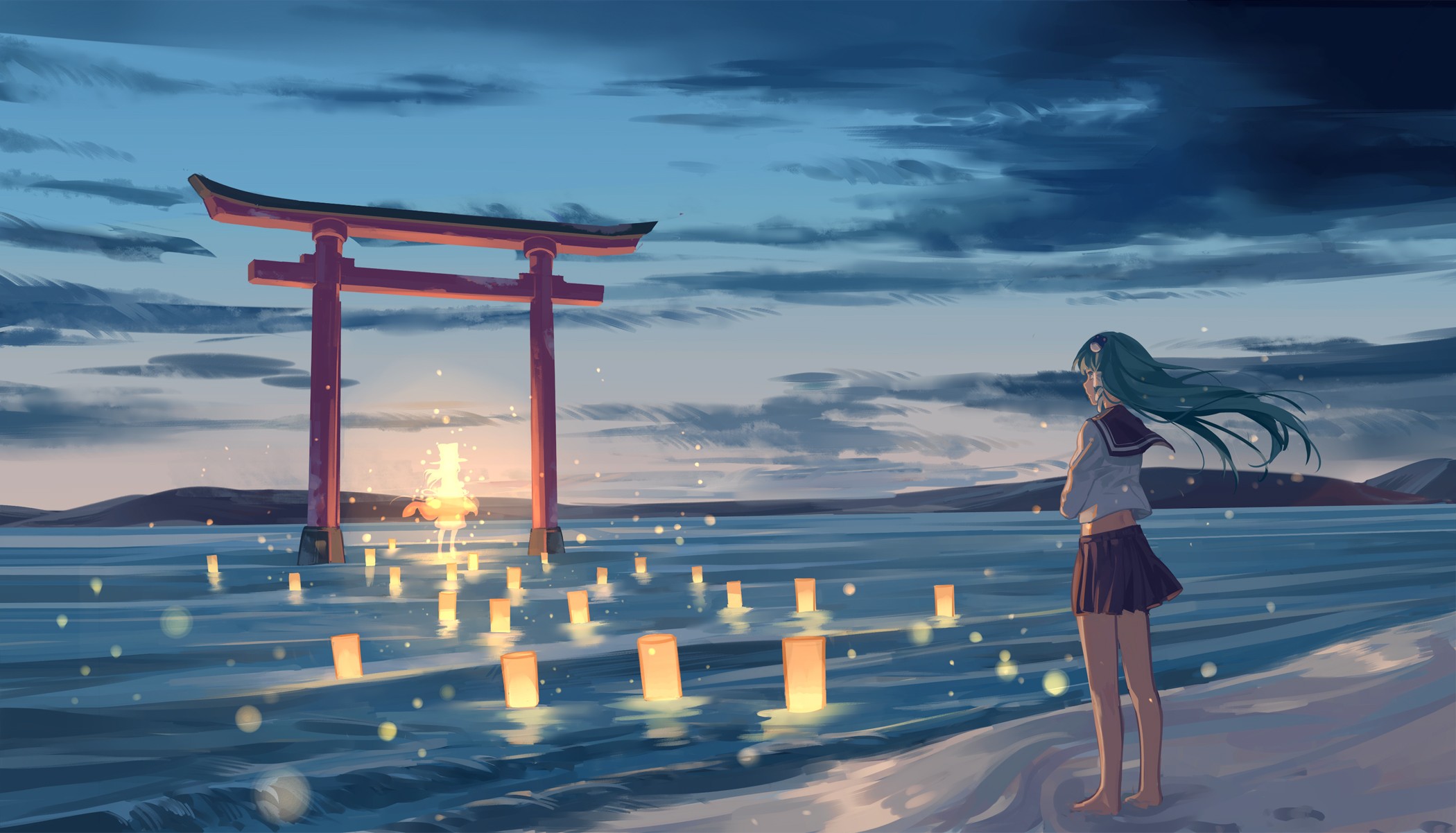Girl by Torii Gate with Lanterns on Water HD Wallpaper