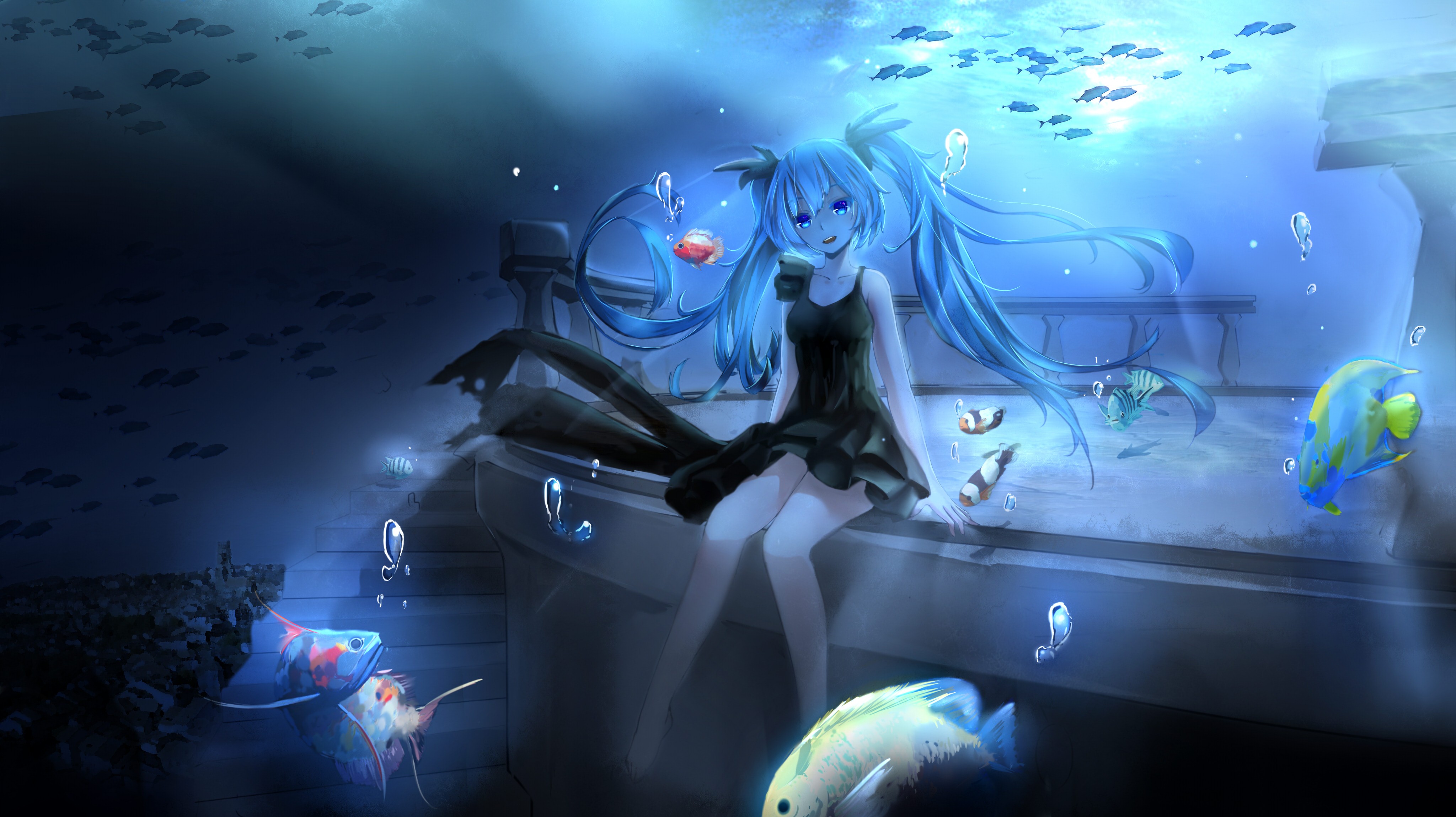Hatsune Miku underwater with fish HD Wallpaper
