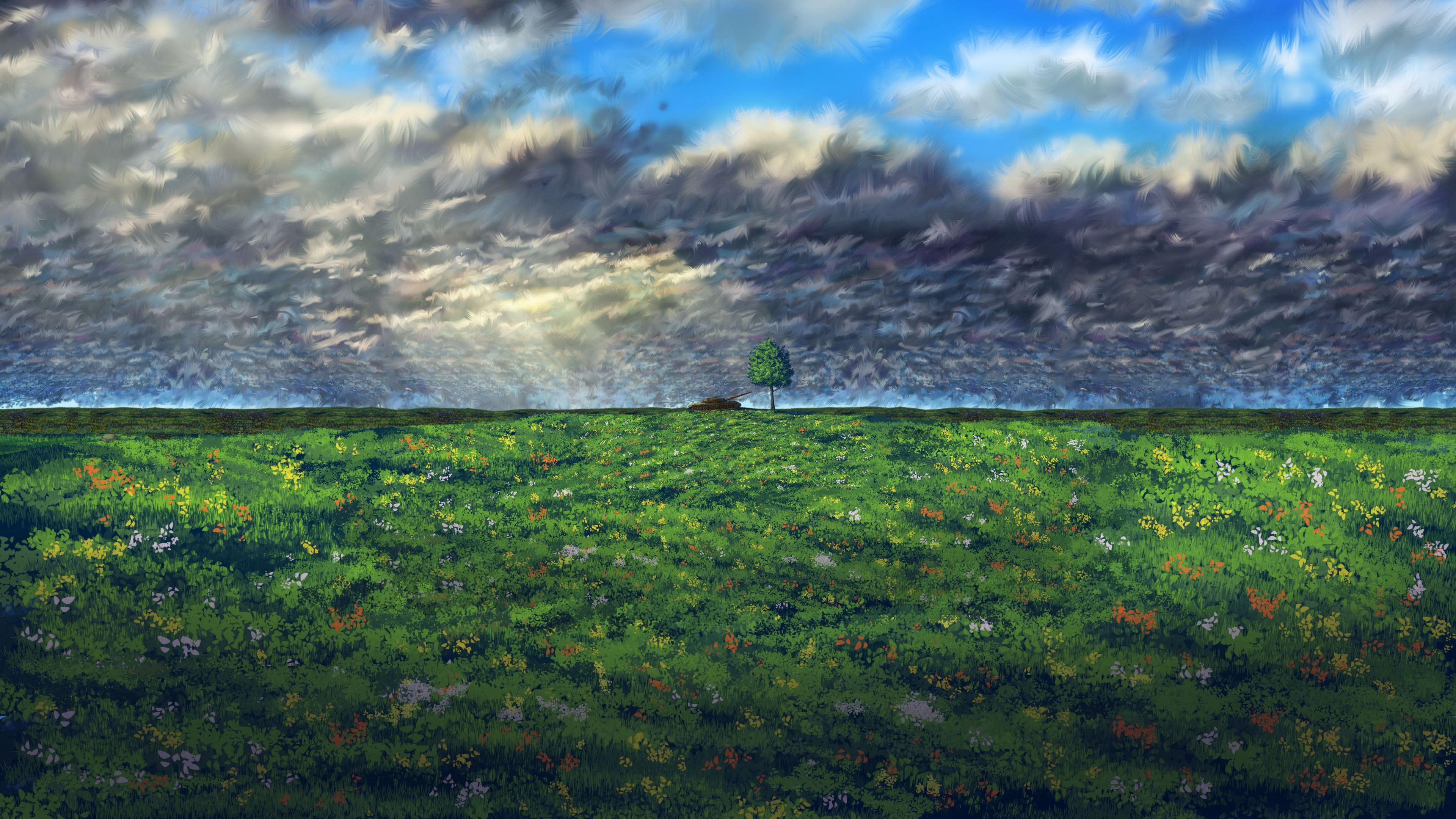 Painting of a lone tree in a field under stormy clouds HD Wallpaper