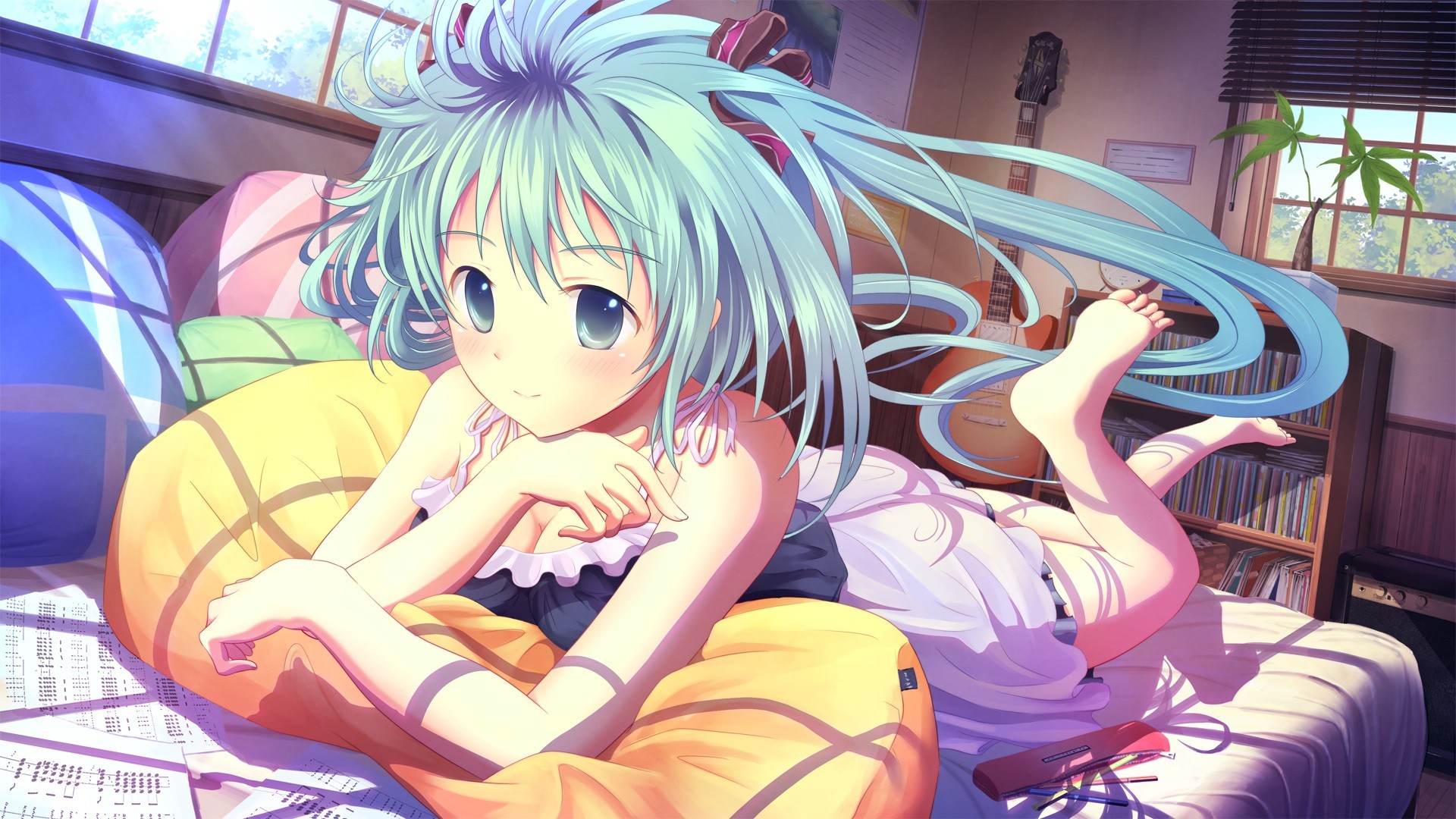 Hatsune Miku relaxing on a bed with pillows HD Wallpaper