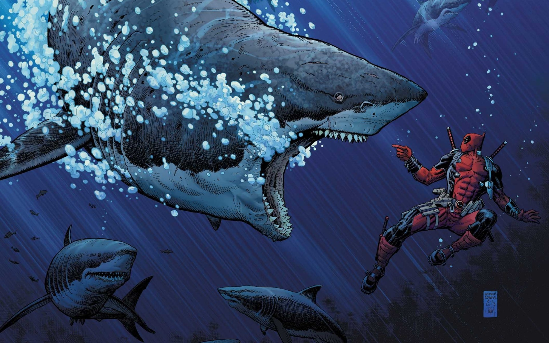 Deadpool fights sharks underwater HD Wallpaper