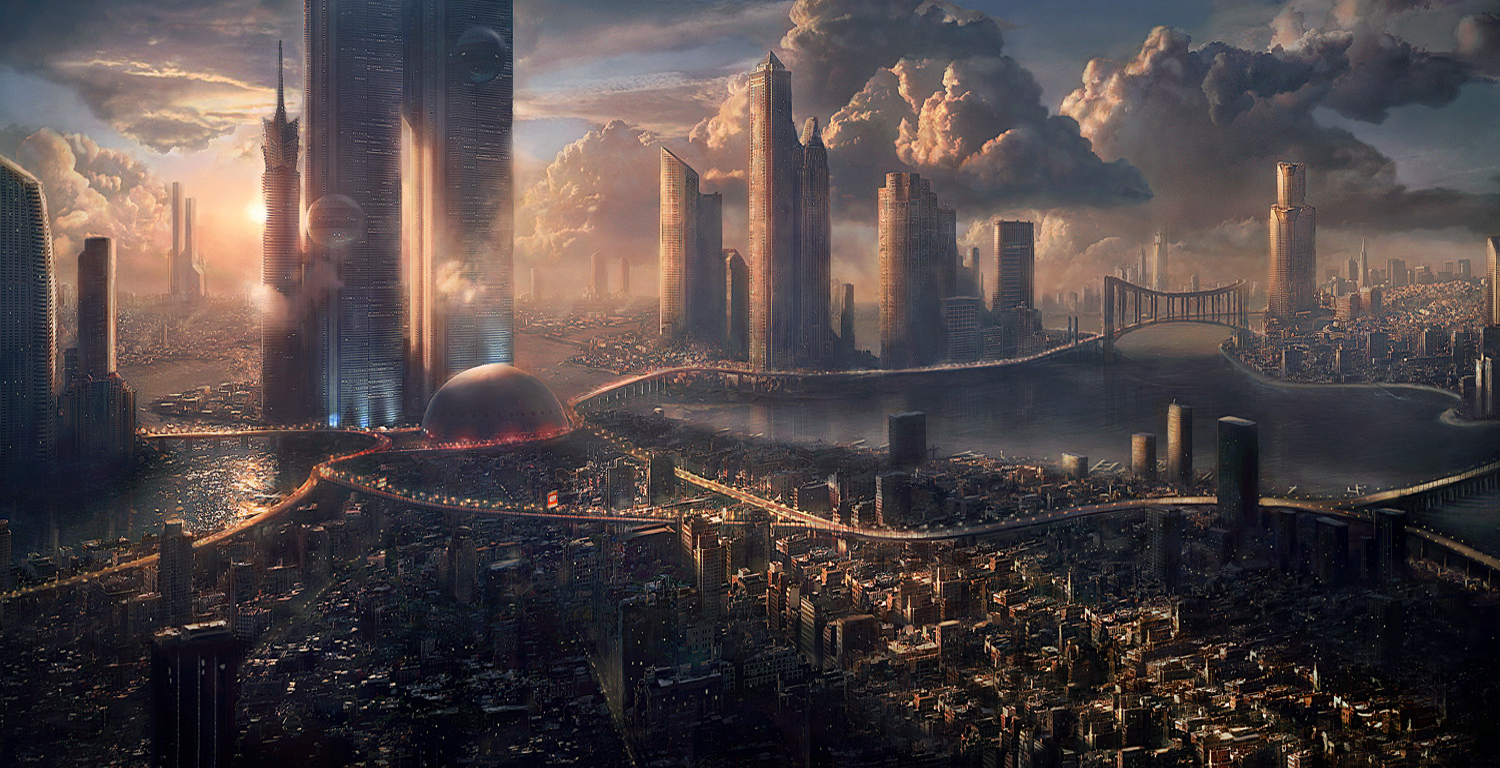 Futuristic cityscape with towering skyscrapers and bridges HD Wallpaper