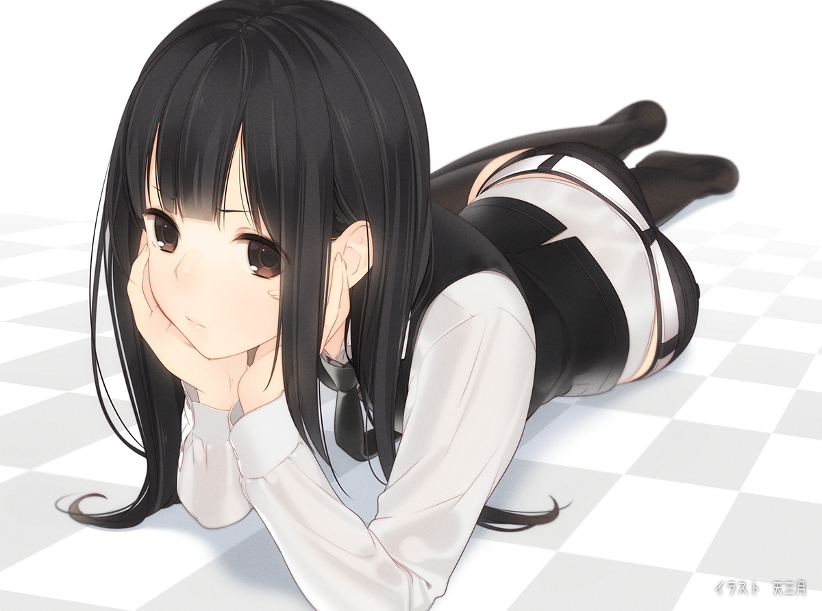 Anime girl with long dark hair lying down HD Wallpaper