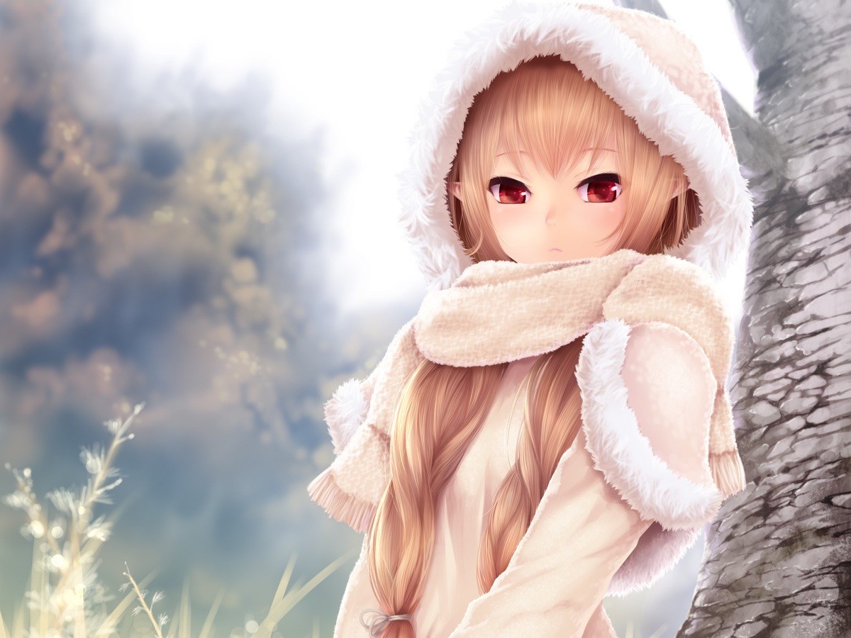 Anime girl with blonde hair and red eyes in winter clothes HD Wallpaper