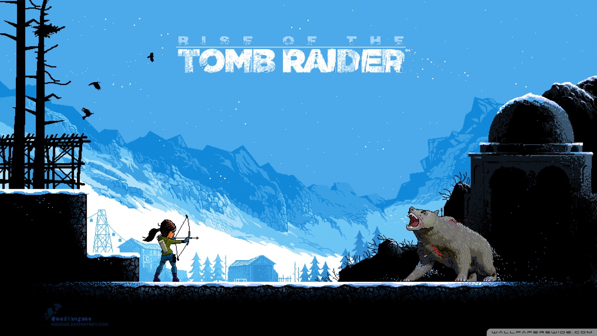 Pixel Art Rise of the Tomb Raider with Lara Croft and Bear HD Wallpaper