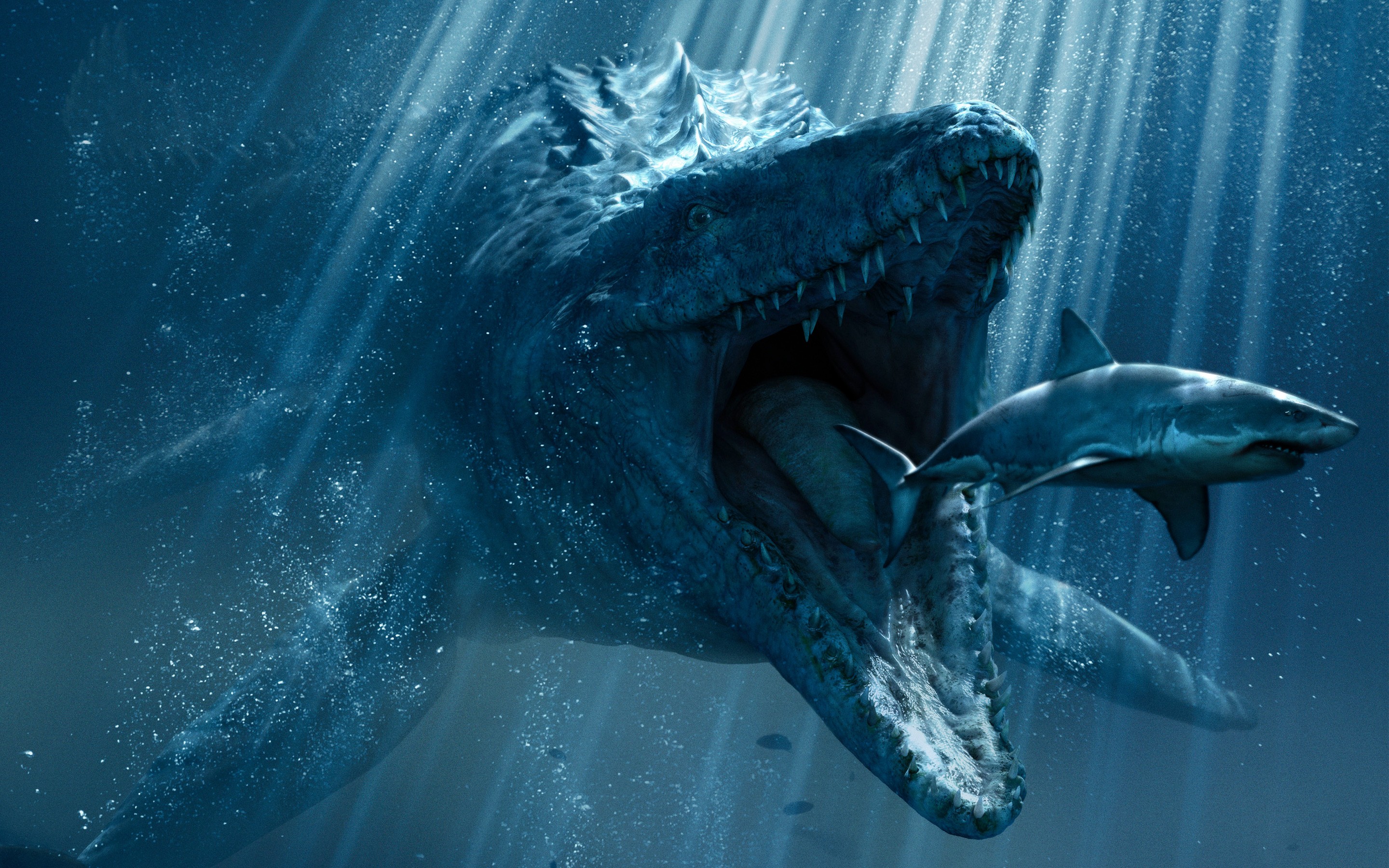 Jurassic World Mosasaurus eating a shark HD Wallpaper
