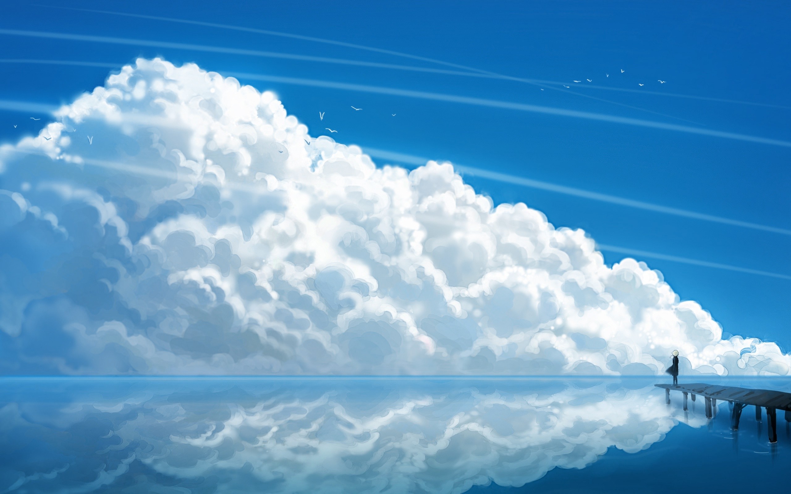 Anime girl on a pier with clouds and ocean HD Wallpaper
