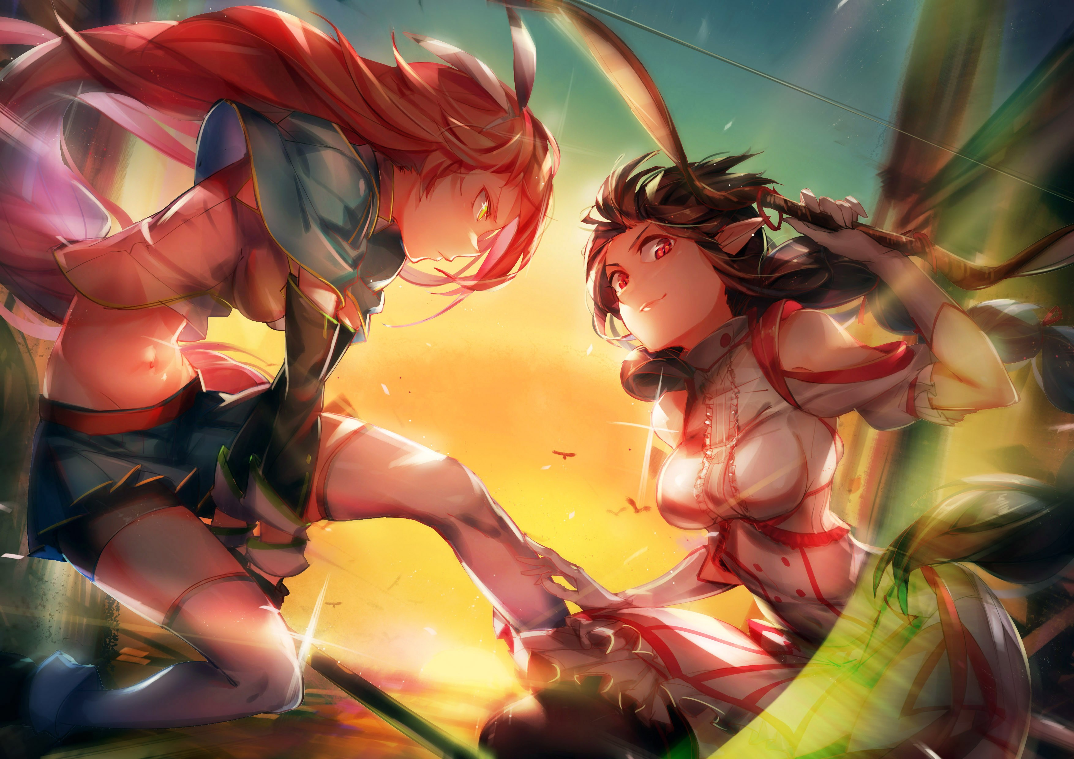Two anime girls fighting with a bow and arrow HD Wallpaper