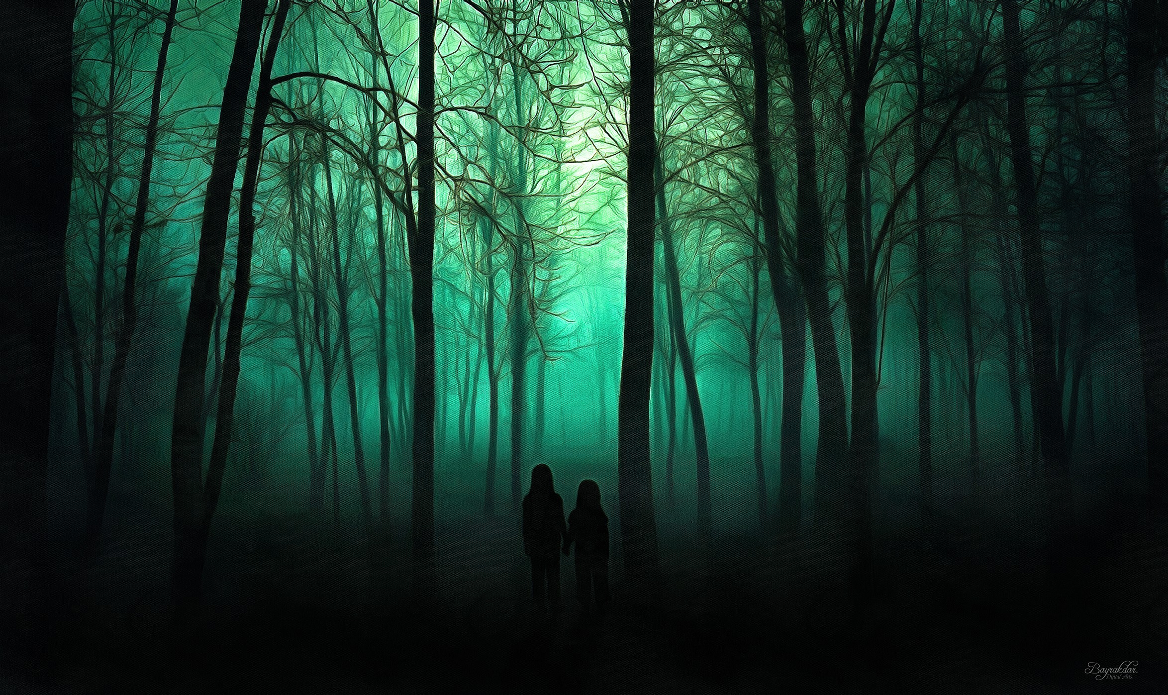 Two figures in a spooky, green forest HD Wallpaper