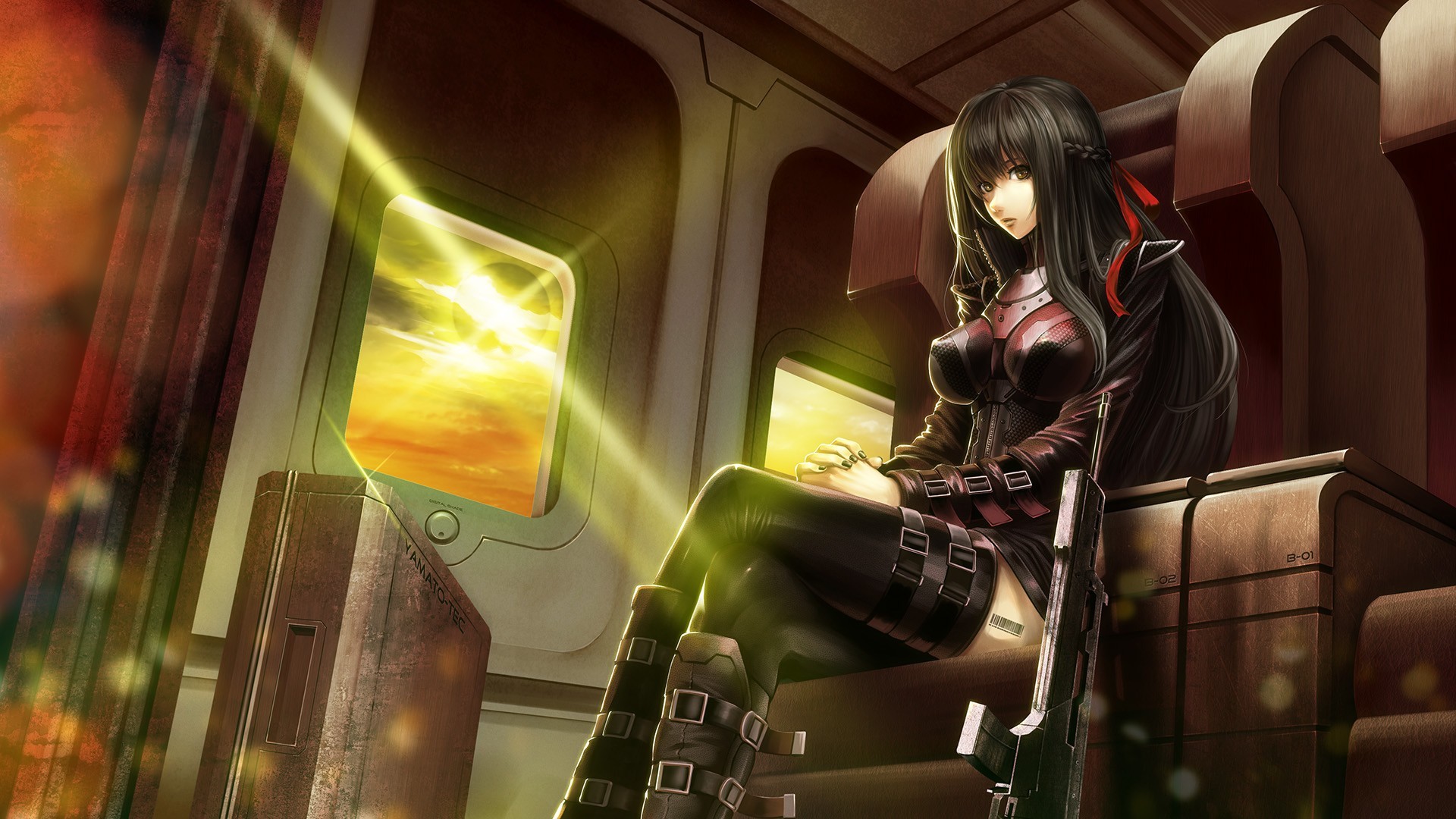Anime girl with black hair sitting on a train HD Wallpaper