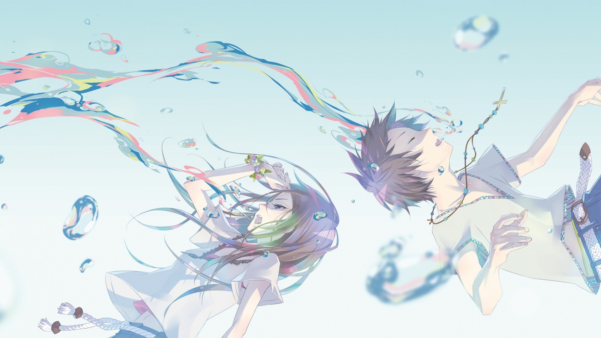 Anime couple floating in colorful water HD Wallpaper
