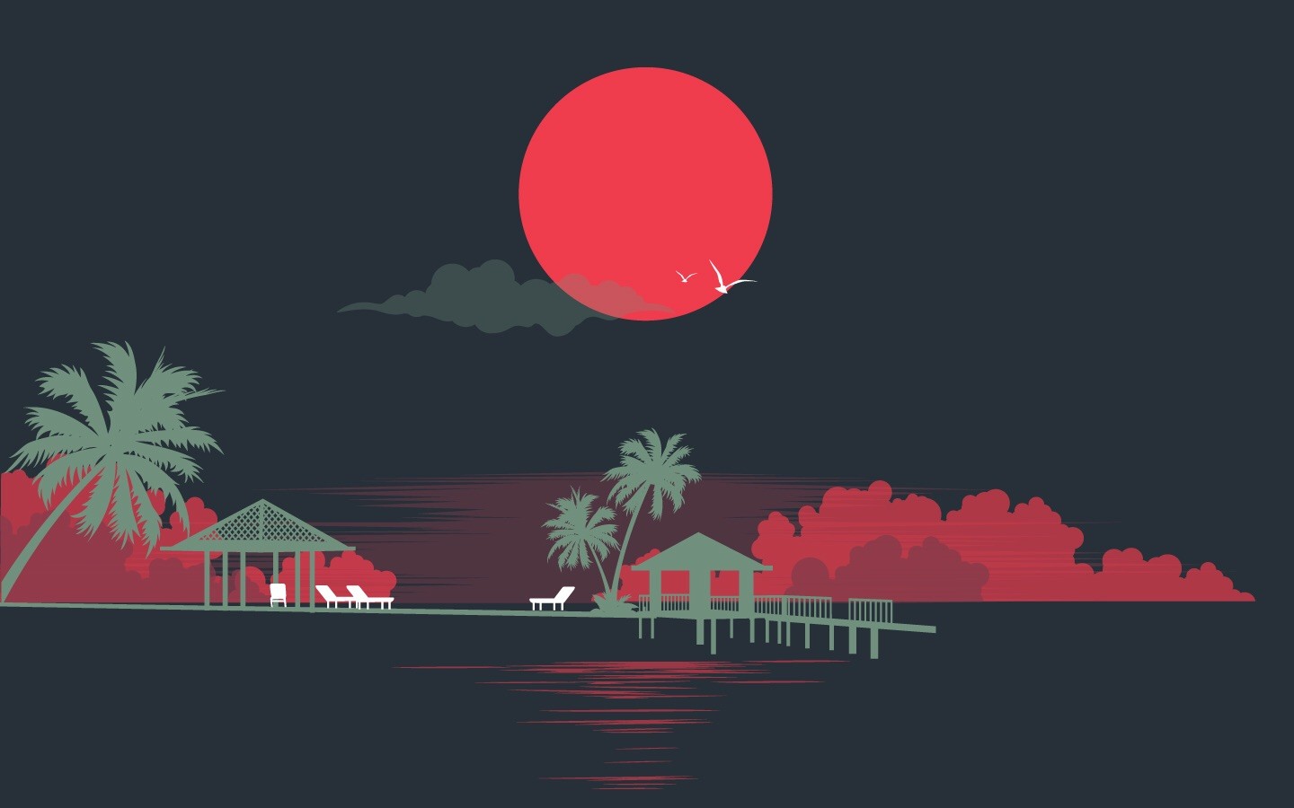 Minimalist tropical sunset with palm trees and a pier HD Wallpaper
