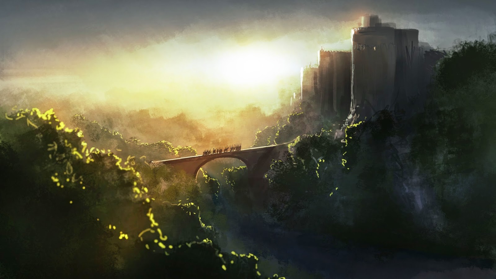 Fantasy castle on a hill with a bridge and sunlight HD Wallpaper