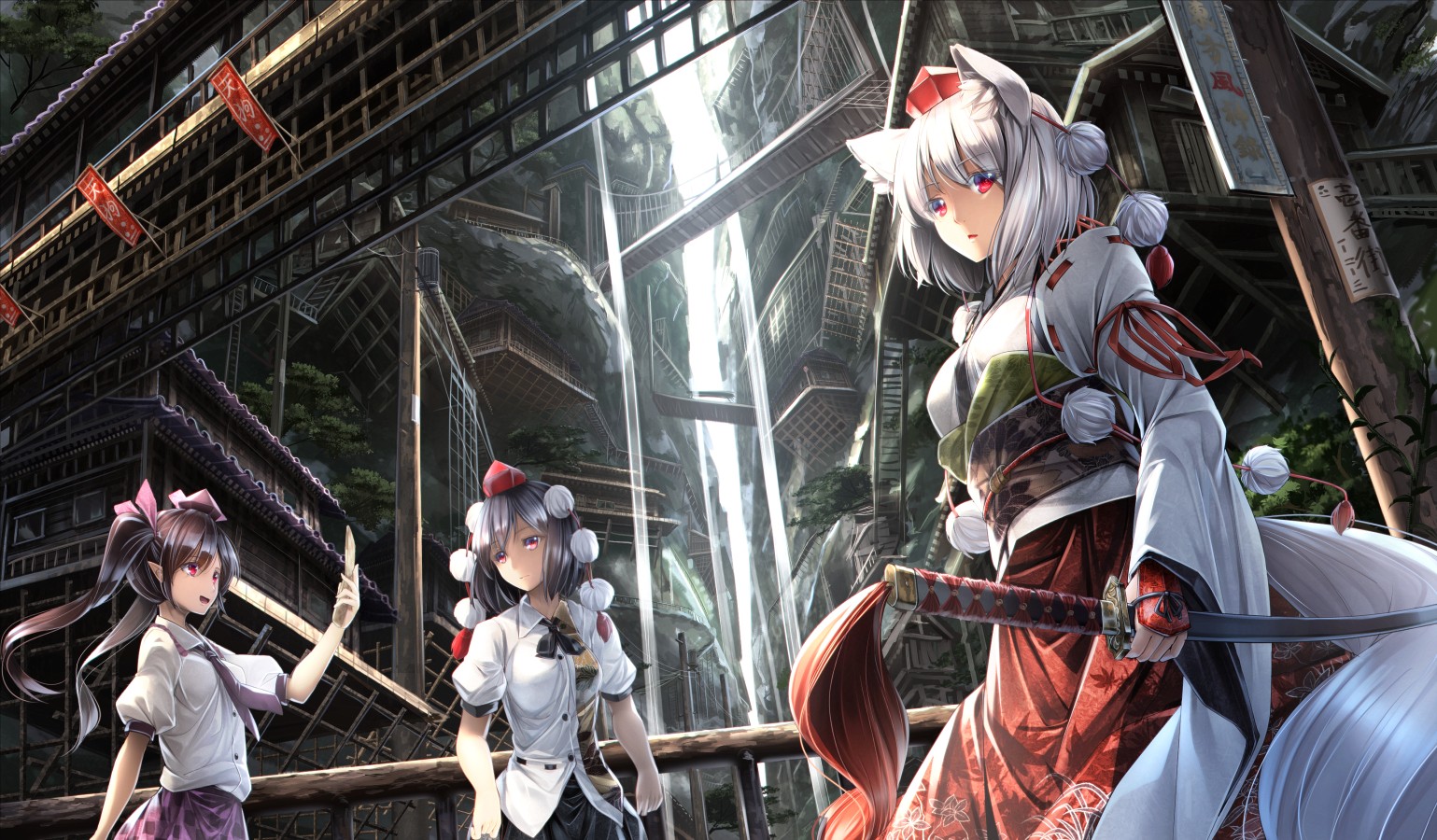 Touhou: Shameimaru Aya, Himekaidou Hatate, Inubashiri Momiji in a village HD Wallpaper