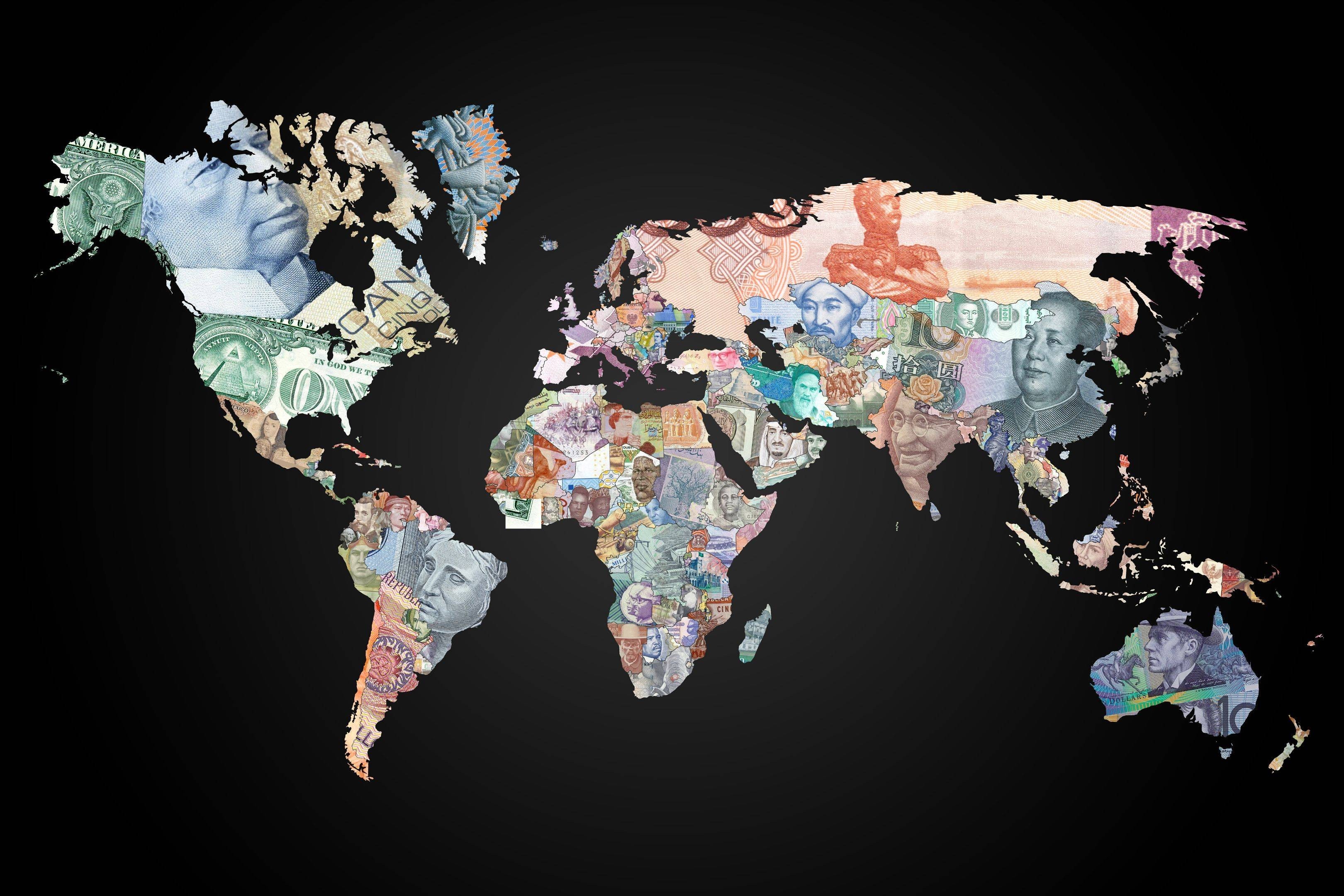 World map collage of international currency banknotes HD Wallpaper