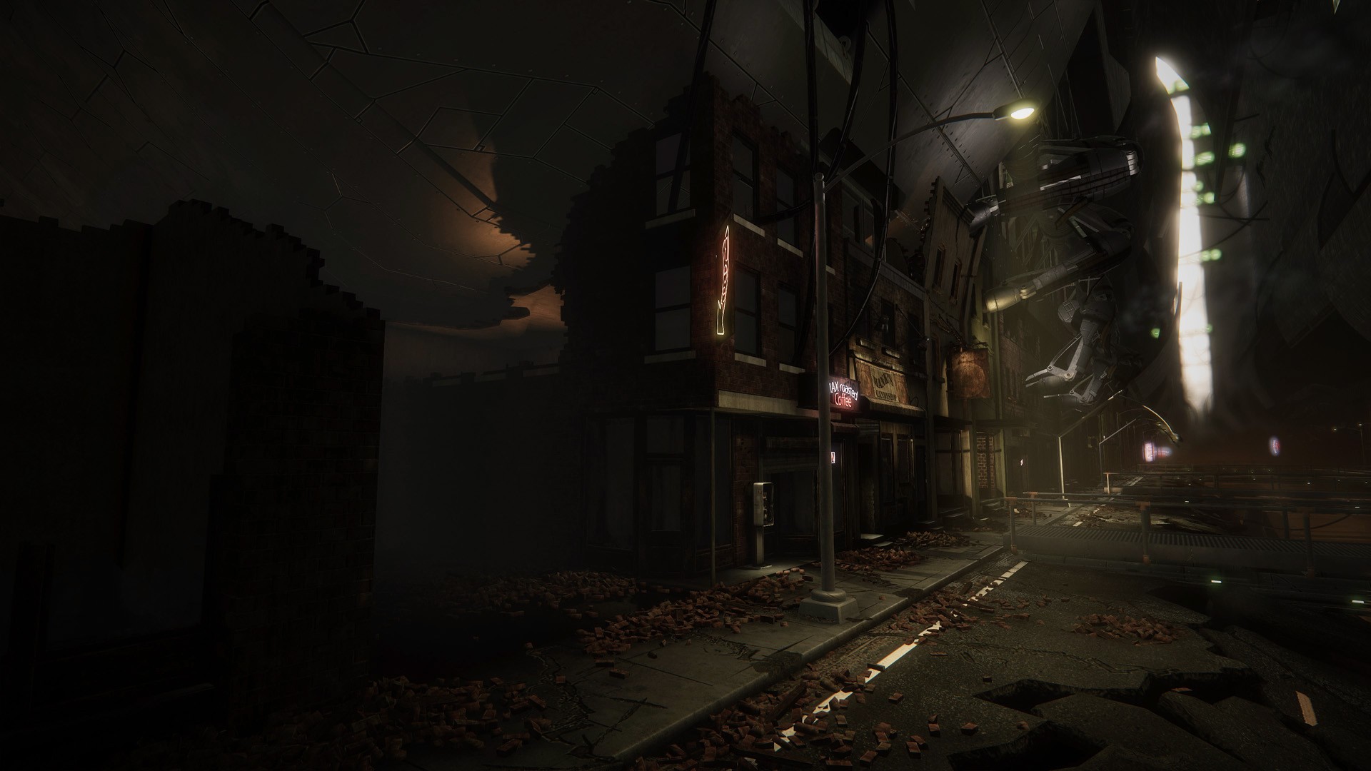 Cyberpunk city street at night with destroyed buildings HD Wallpaper