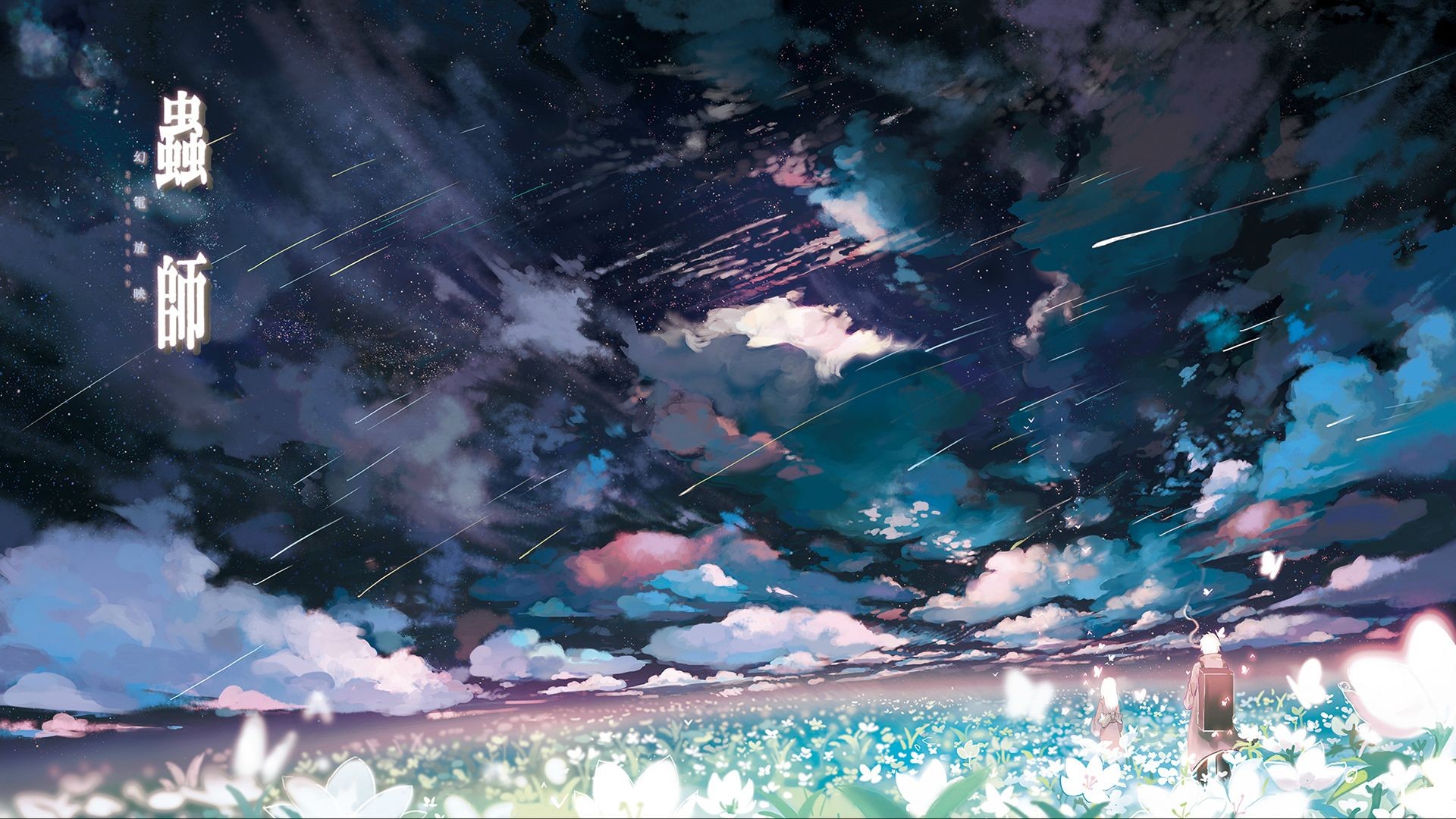 Mushishi: Ginko in a field of flowers under shooting stars HD Wallpaper