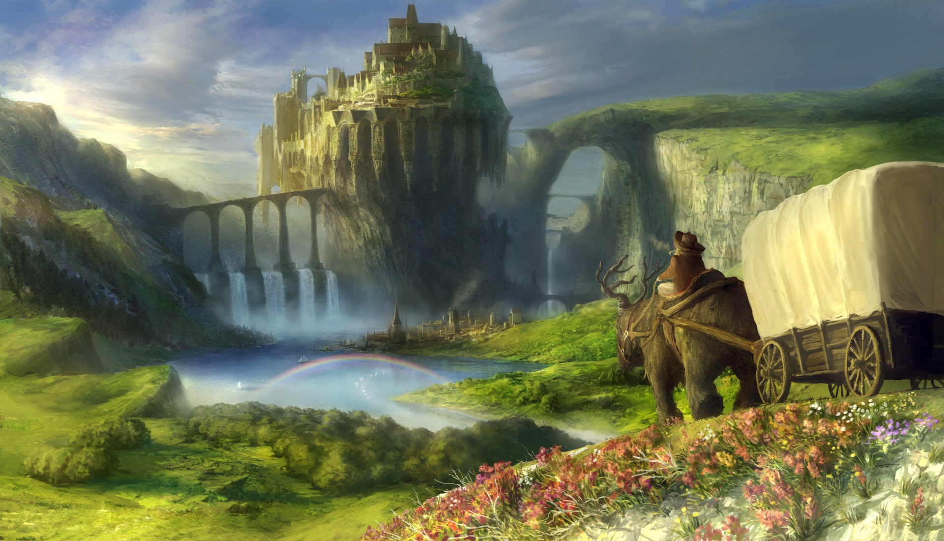Fantasy landscape with a castle and a caravan HD Wallpaper