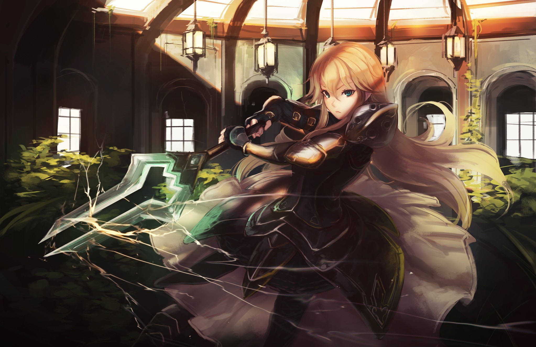 Girl in armor with glowing sword HD Wallpaper