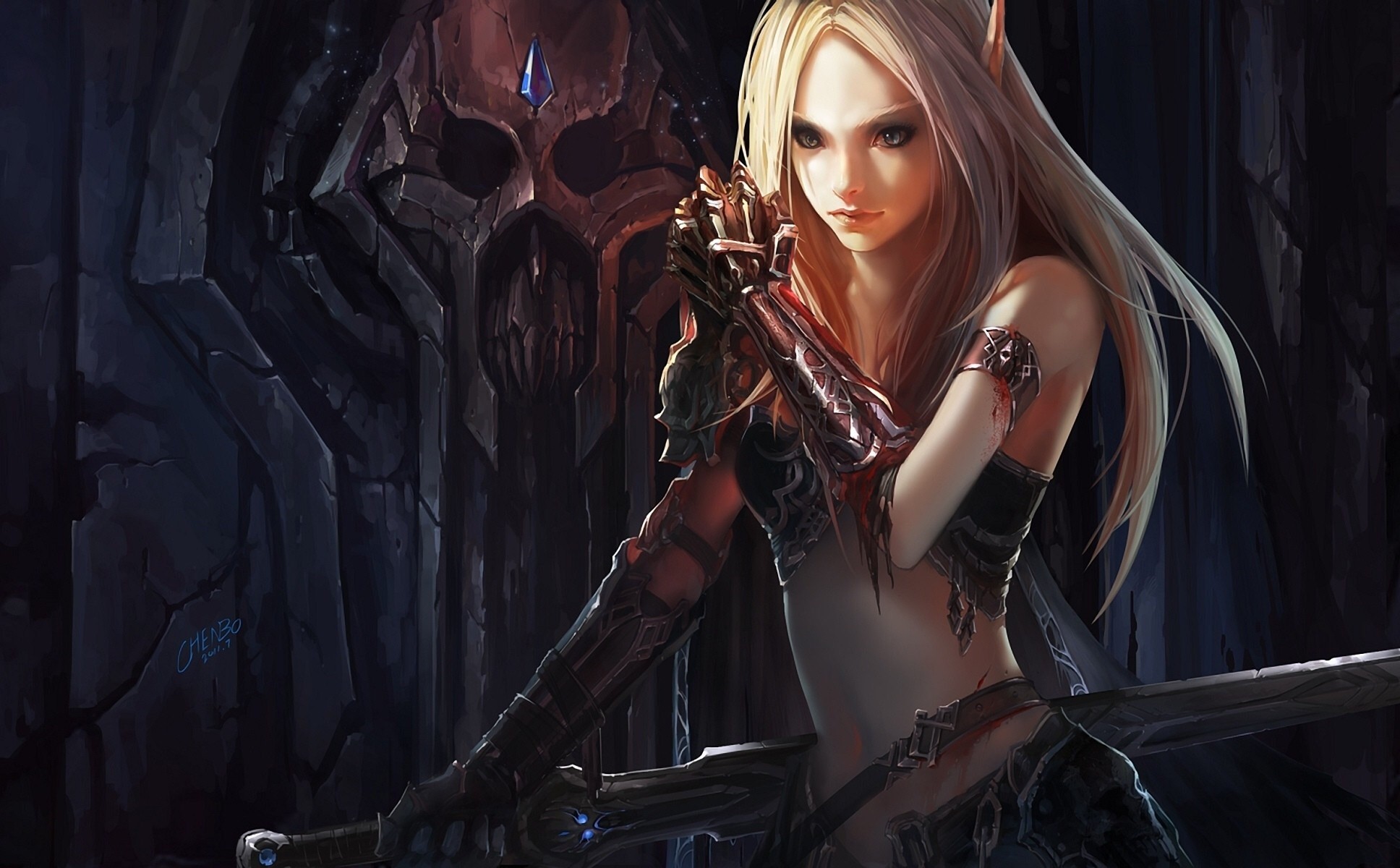 Elf warrior with sword and skull background HD Wallpaper