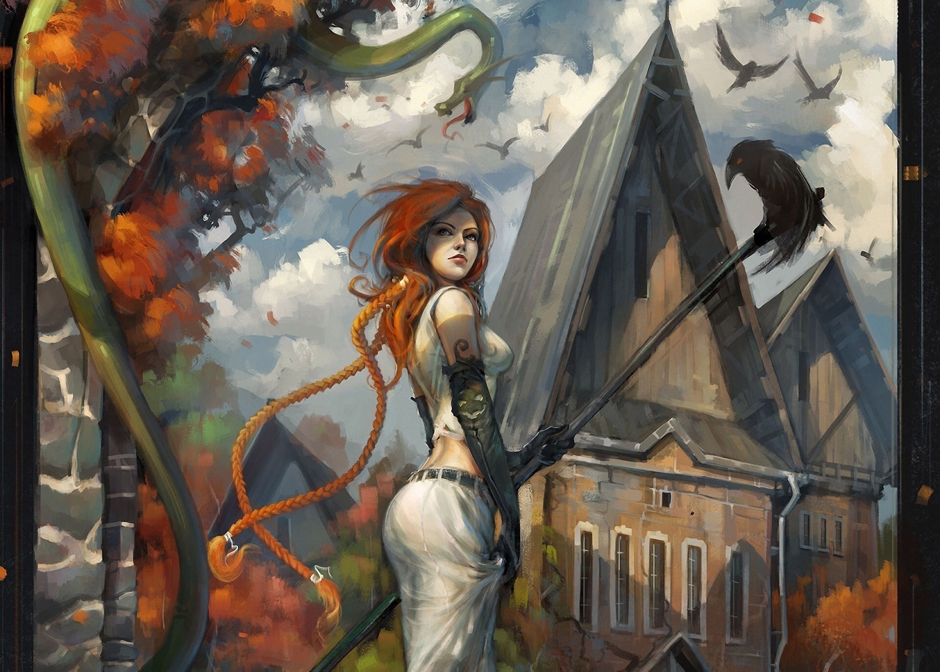 Redhead woman with braided hair and a crow staff HD Wallpaper