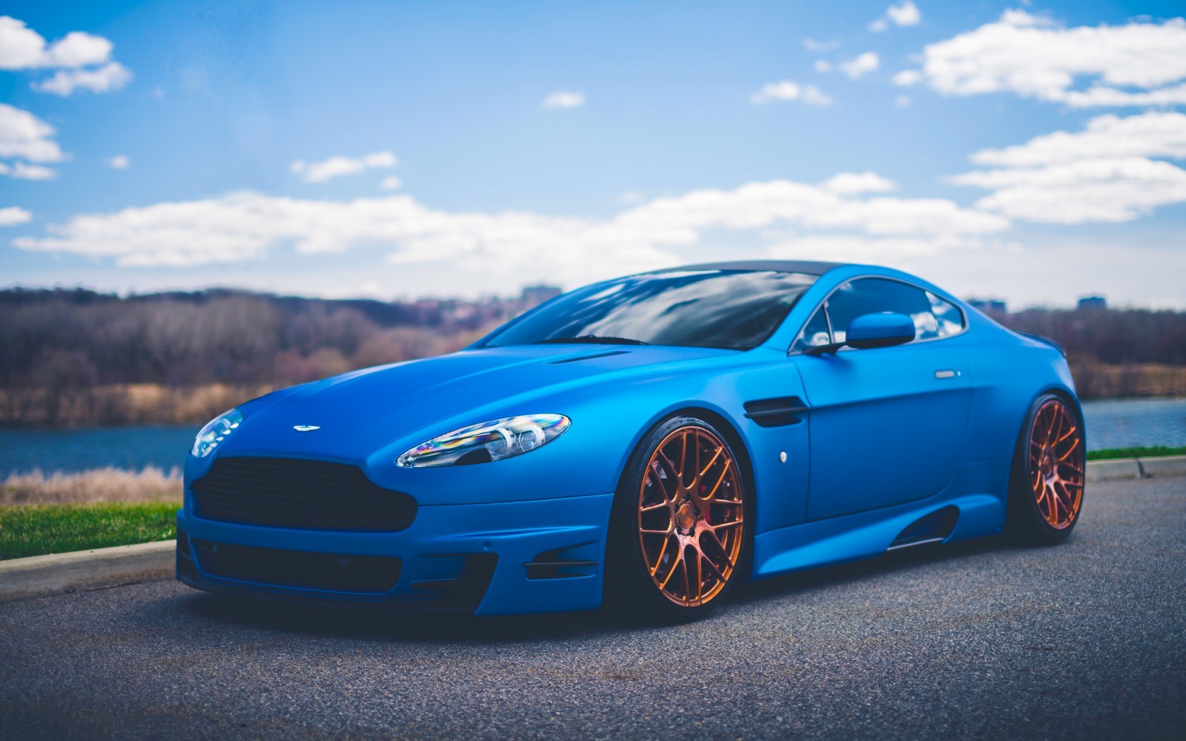 Blue Aston Martin Vantage with Copper Wheels HD Wallpaper
