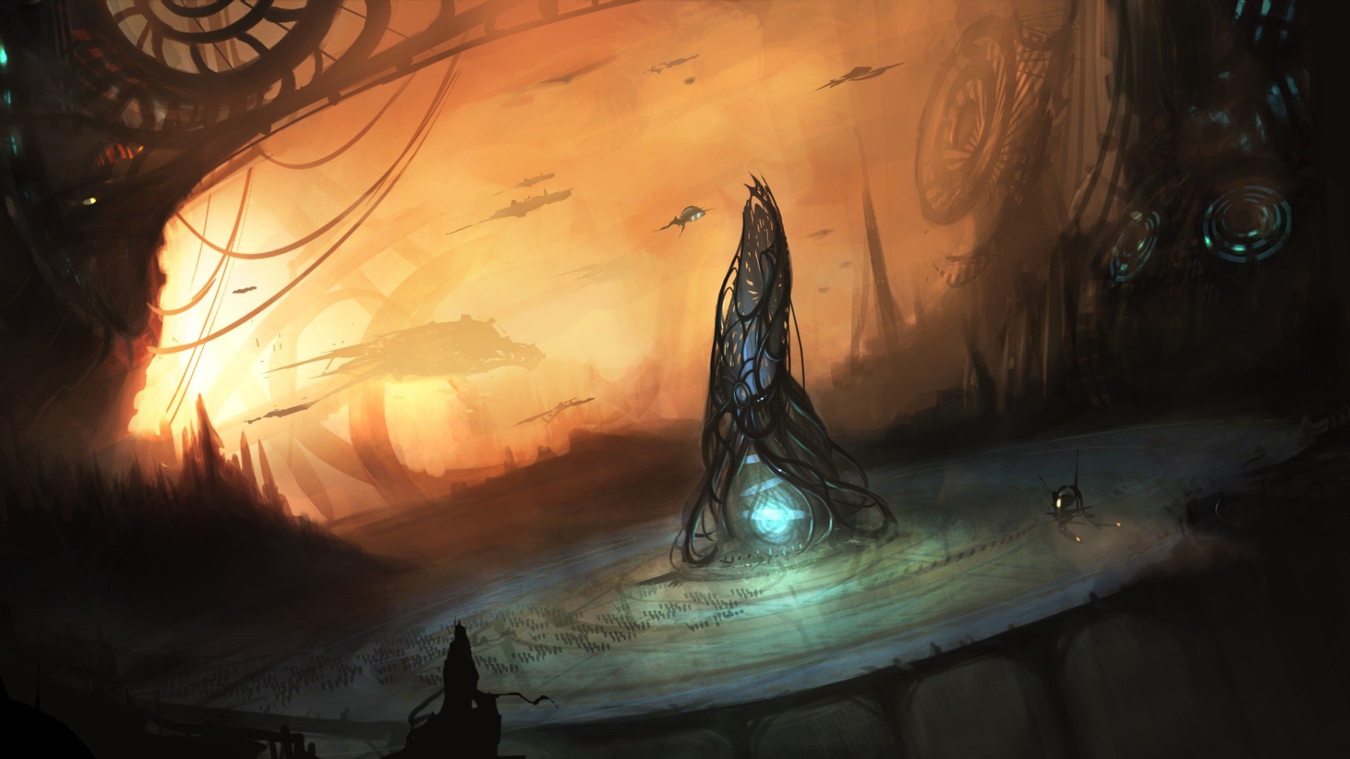 Futuristic alien landscape with organic tower and flying ships HD Wallpaper