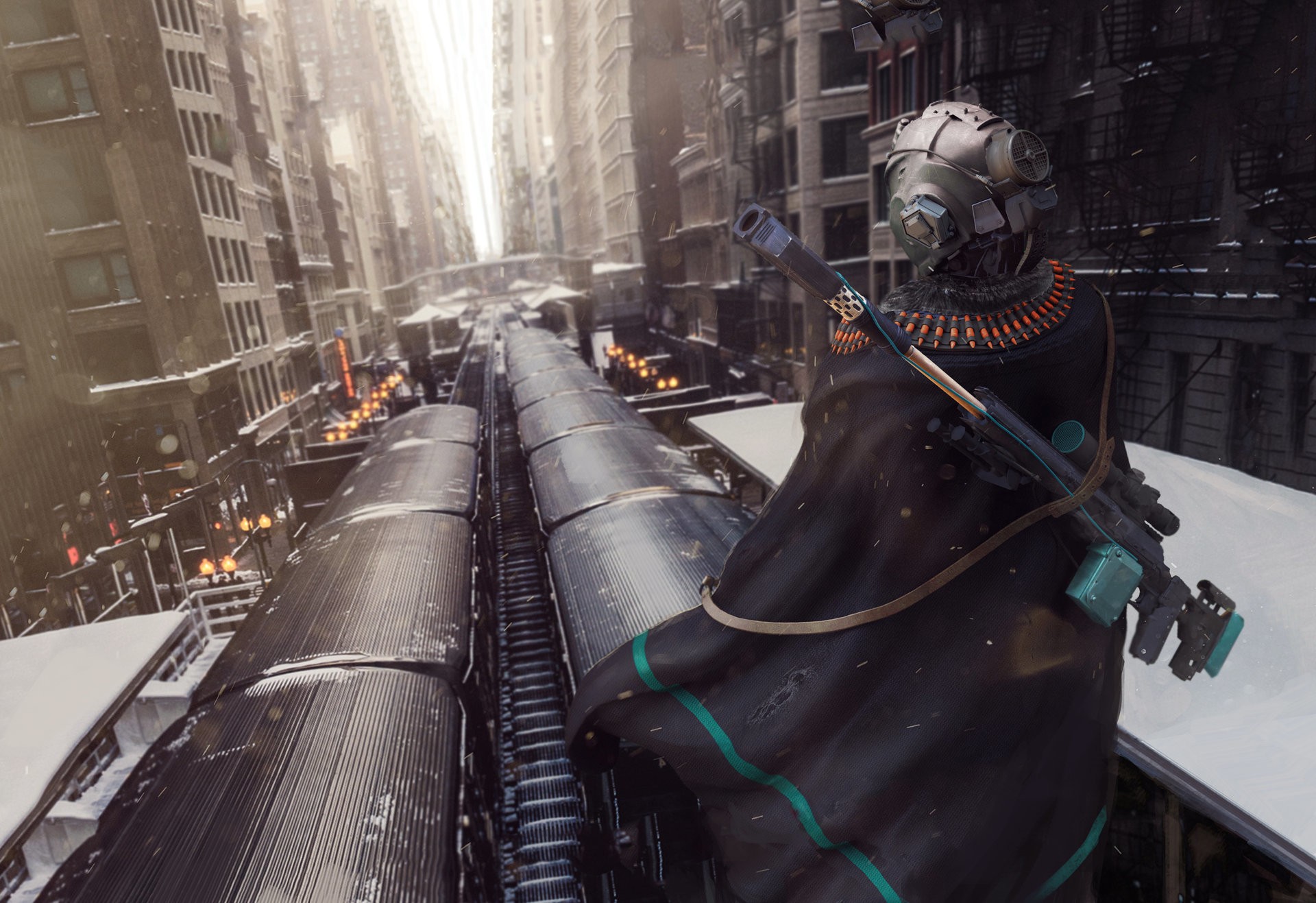 Futuristic soldier with rifle overlooking train station HD Wallpaper