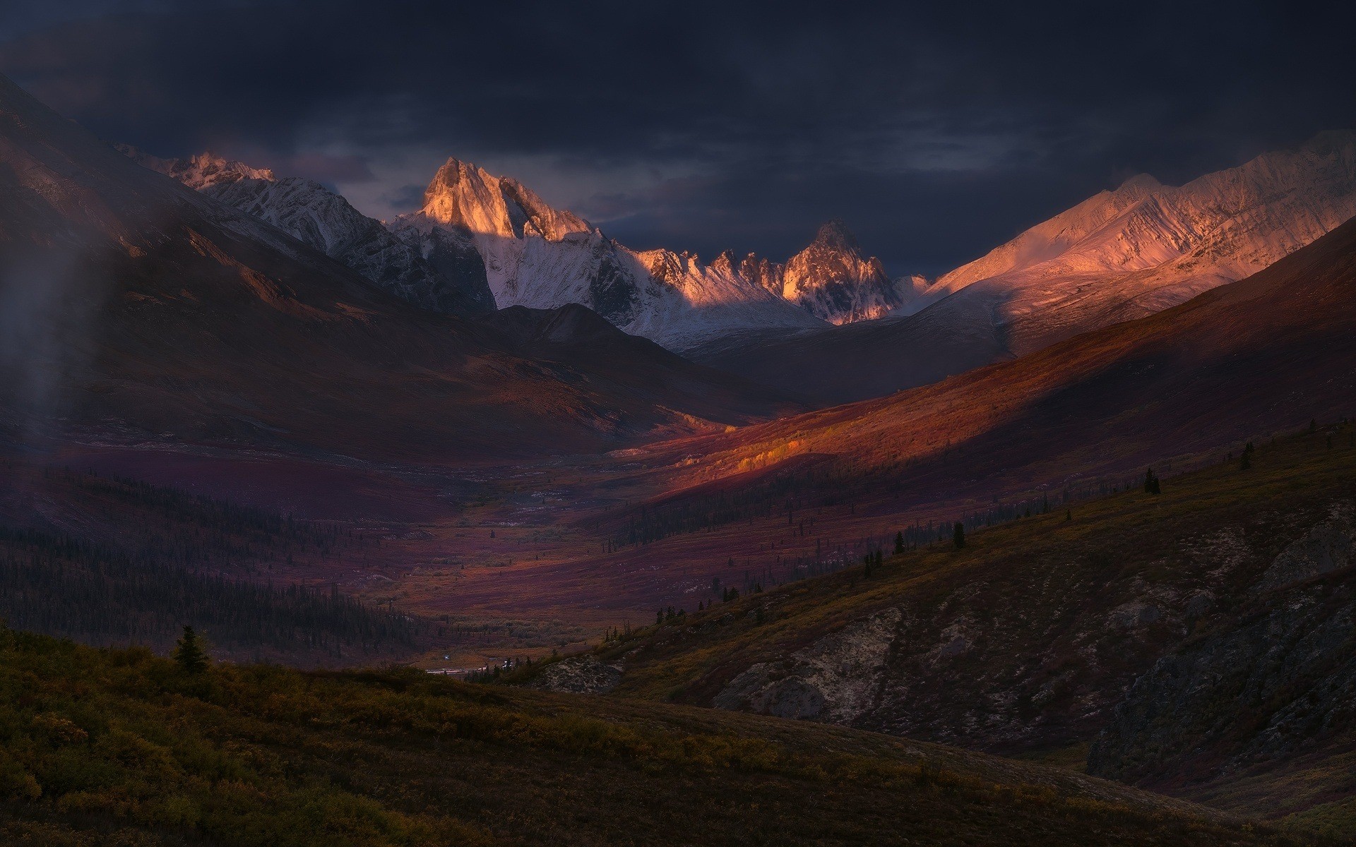 Sunset over snow-capped mountains and forest HD Wallpaper