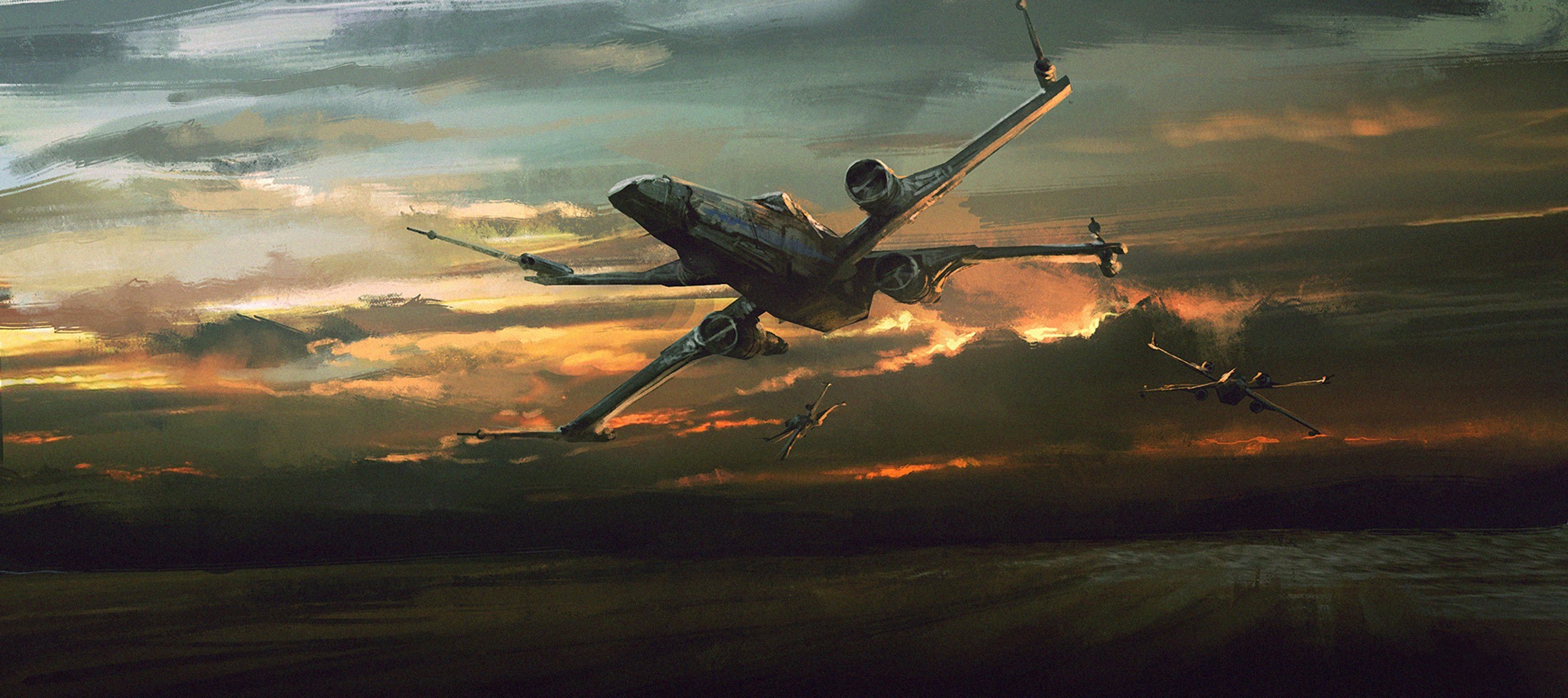 Star Wars X-wings flying at sunset HD Wallpaper