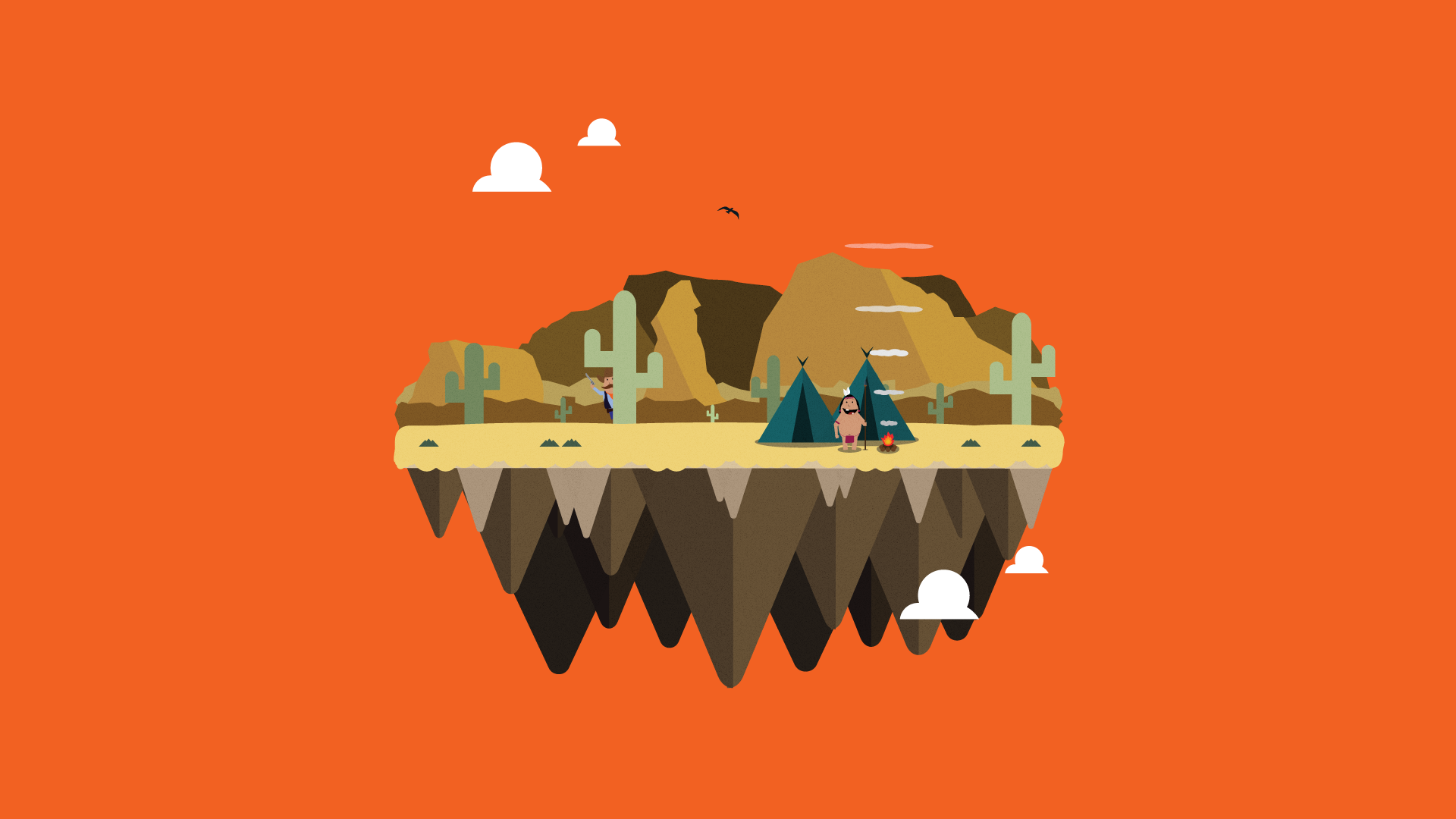 Floating island with cowboys and Native Americans in desert HD Wallpaper