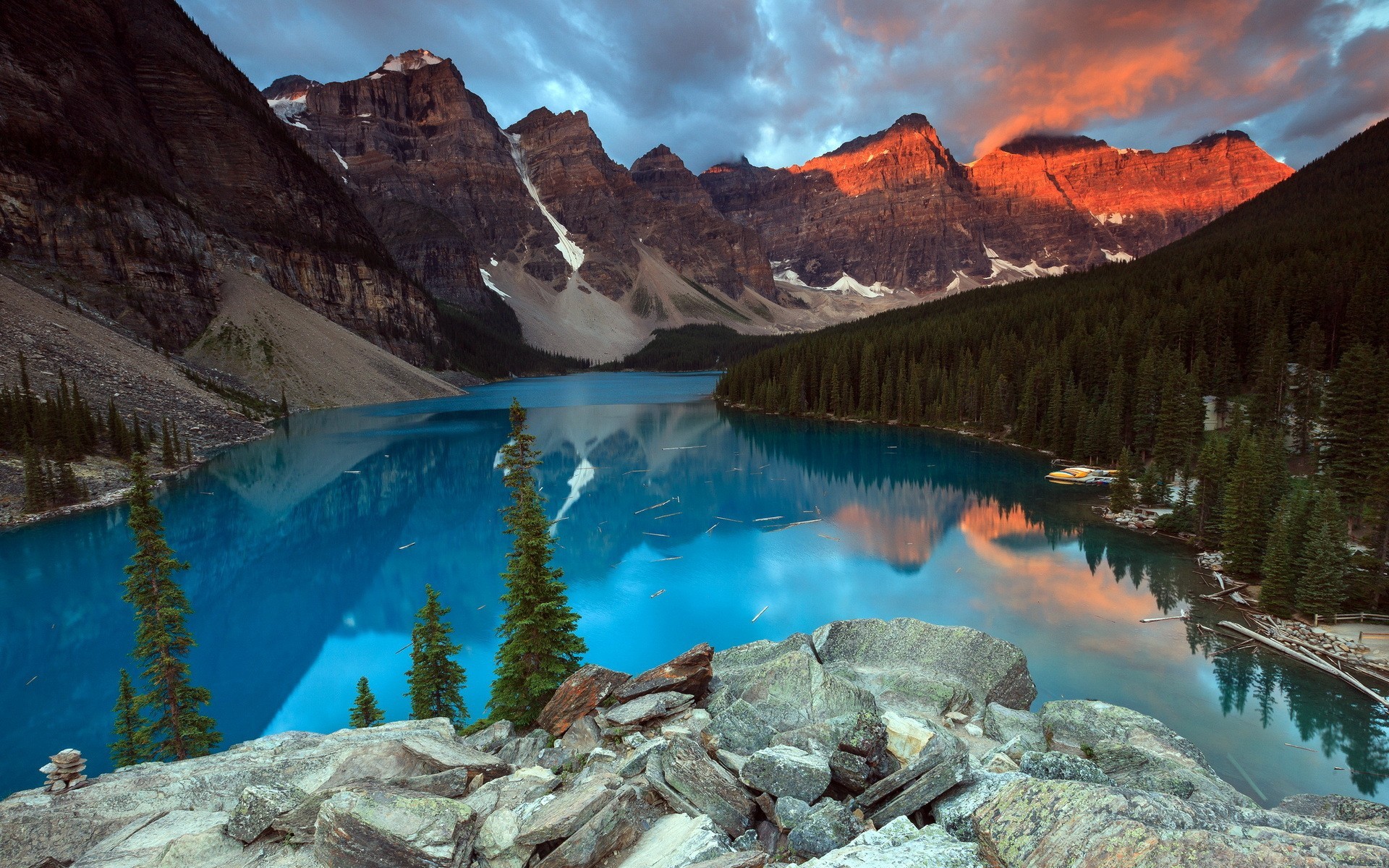 Moraine Lake mountains and forest reflection at sunset HD Wallpaper