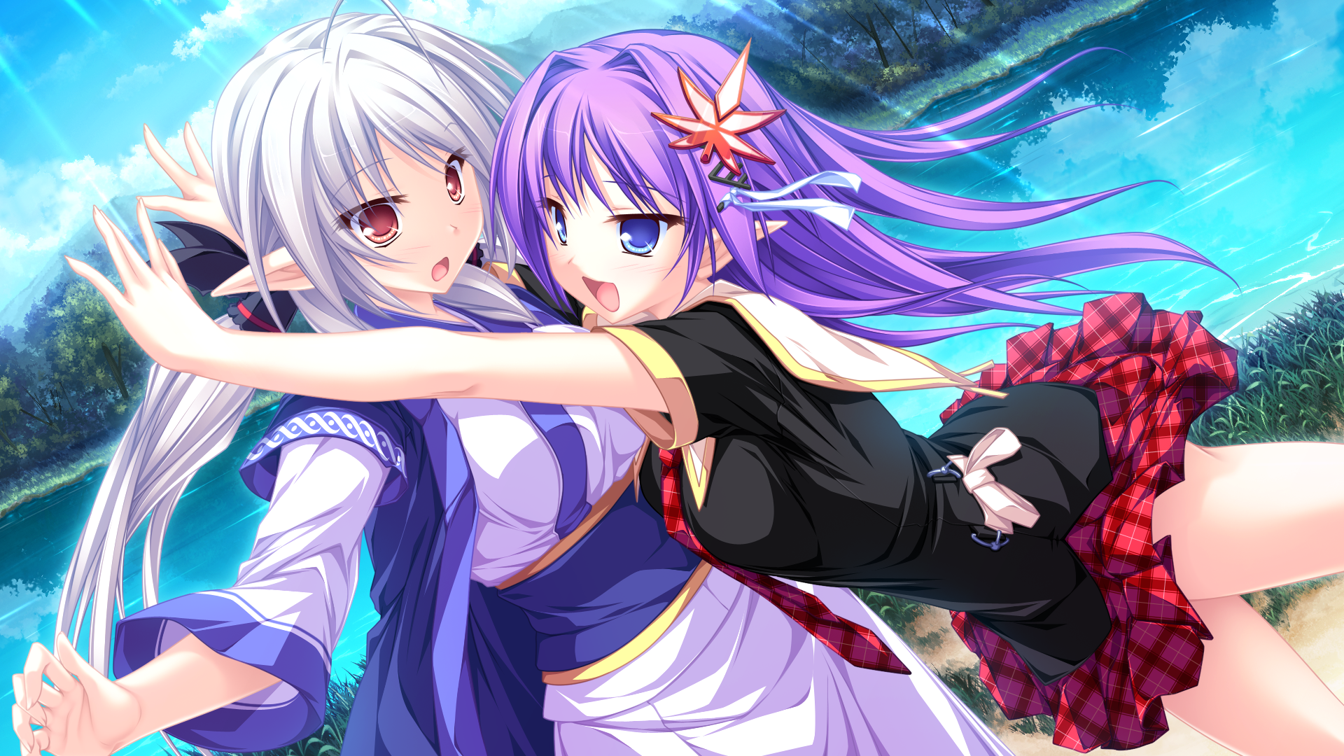 Two anime girls with white and purple hair by a lake HD Wallpaper