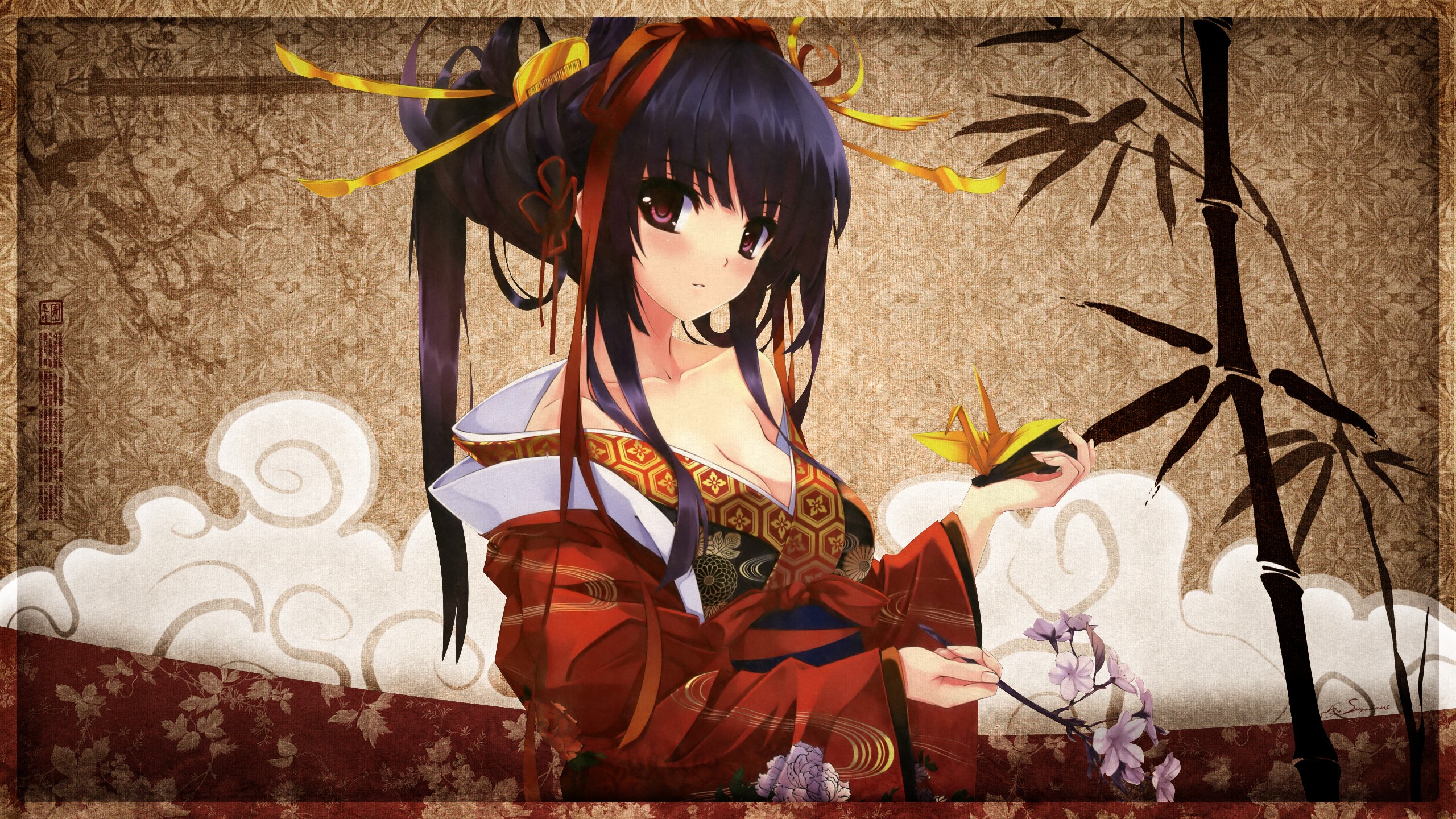 Anime girl in a red kimono holding a paper crane HD Wallpaper