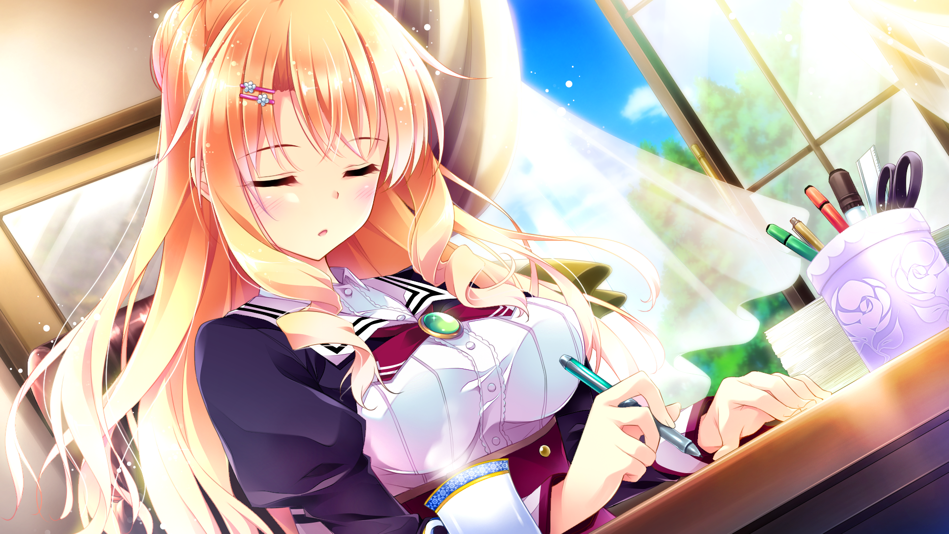 Anime girl with blonde hair writing at a desk HD Wallpaper