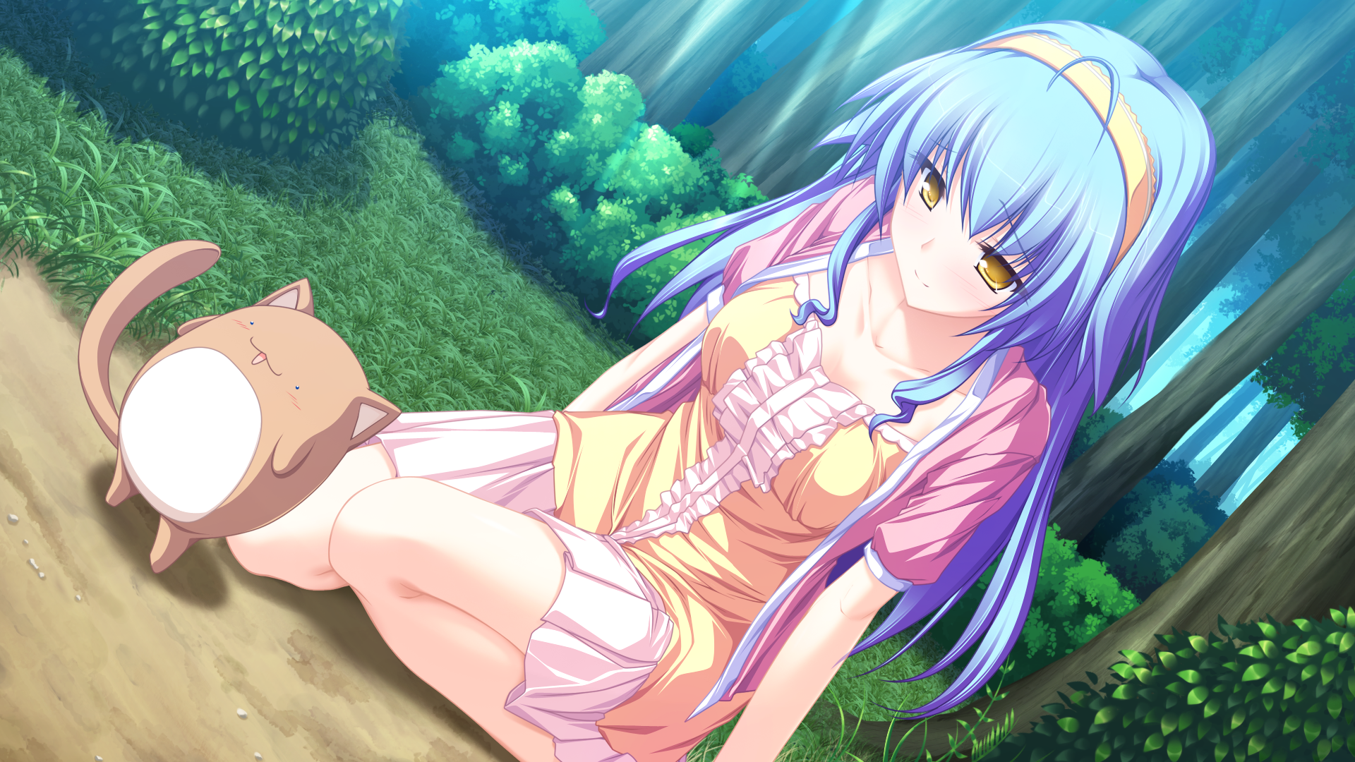 Anime girl with blue hair and cat plushie in forest HD Wallpaper
